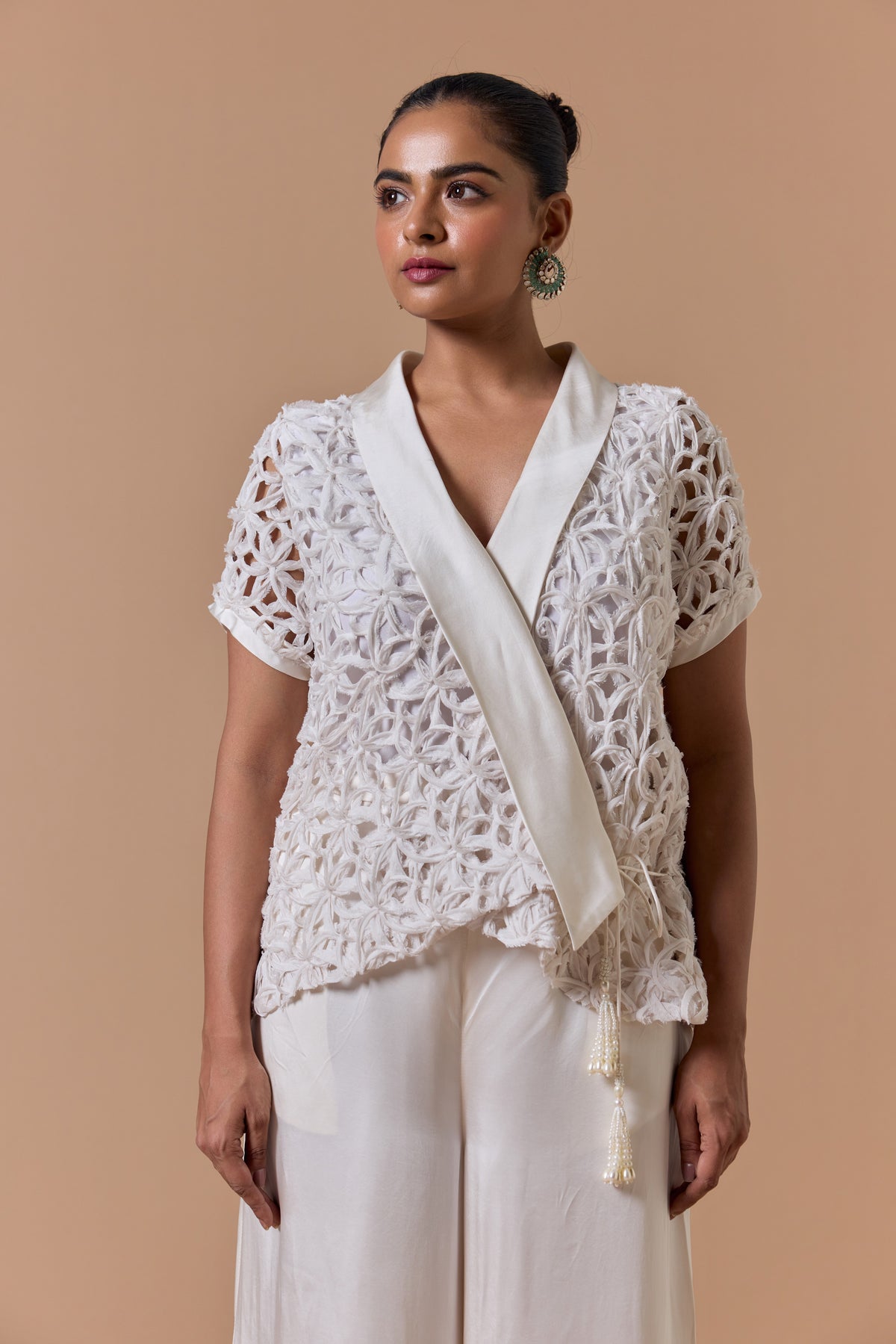IVORY CUTWORK SHORT JACKET WITH PLAZOO
