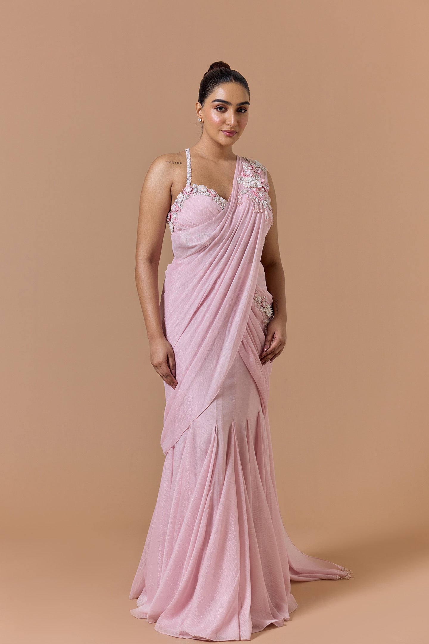 Pink Lurex Shimmer Draped Saree Set