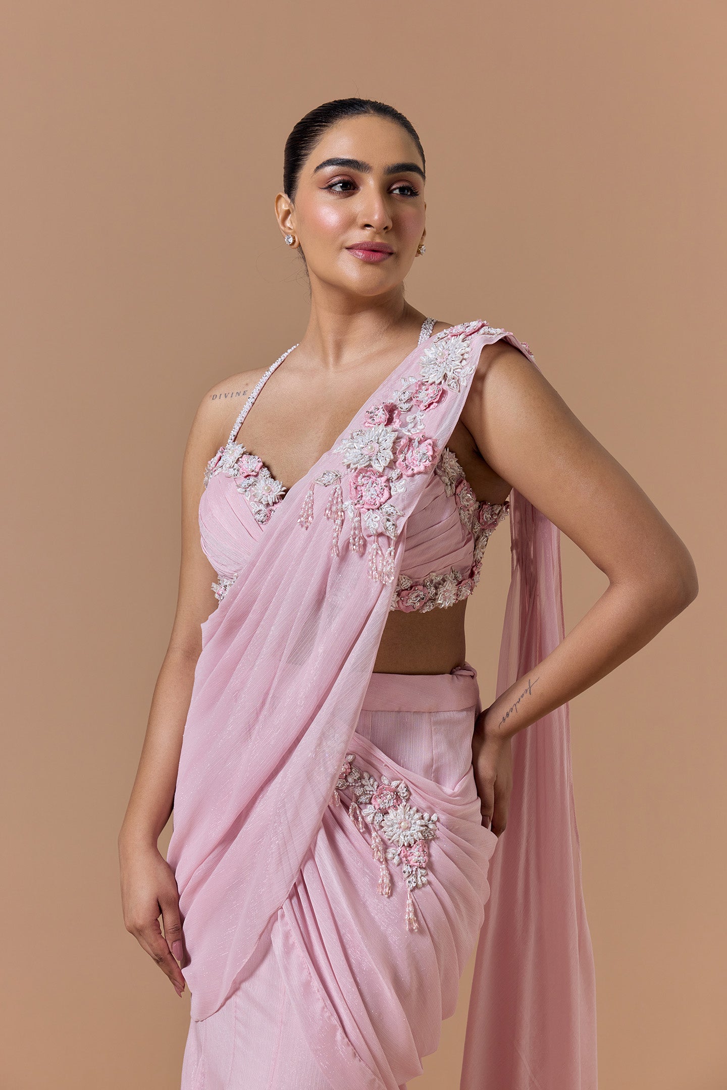 Pink Lurex Shimmer Draped Saree Set