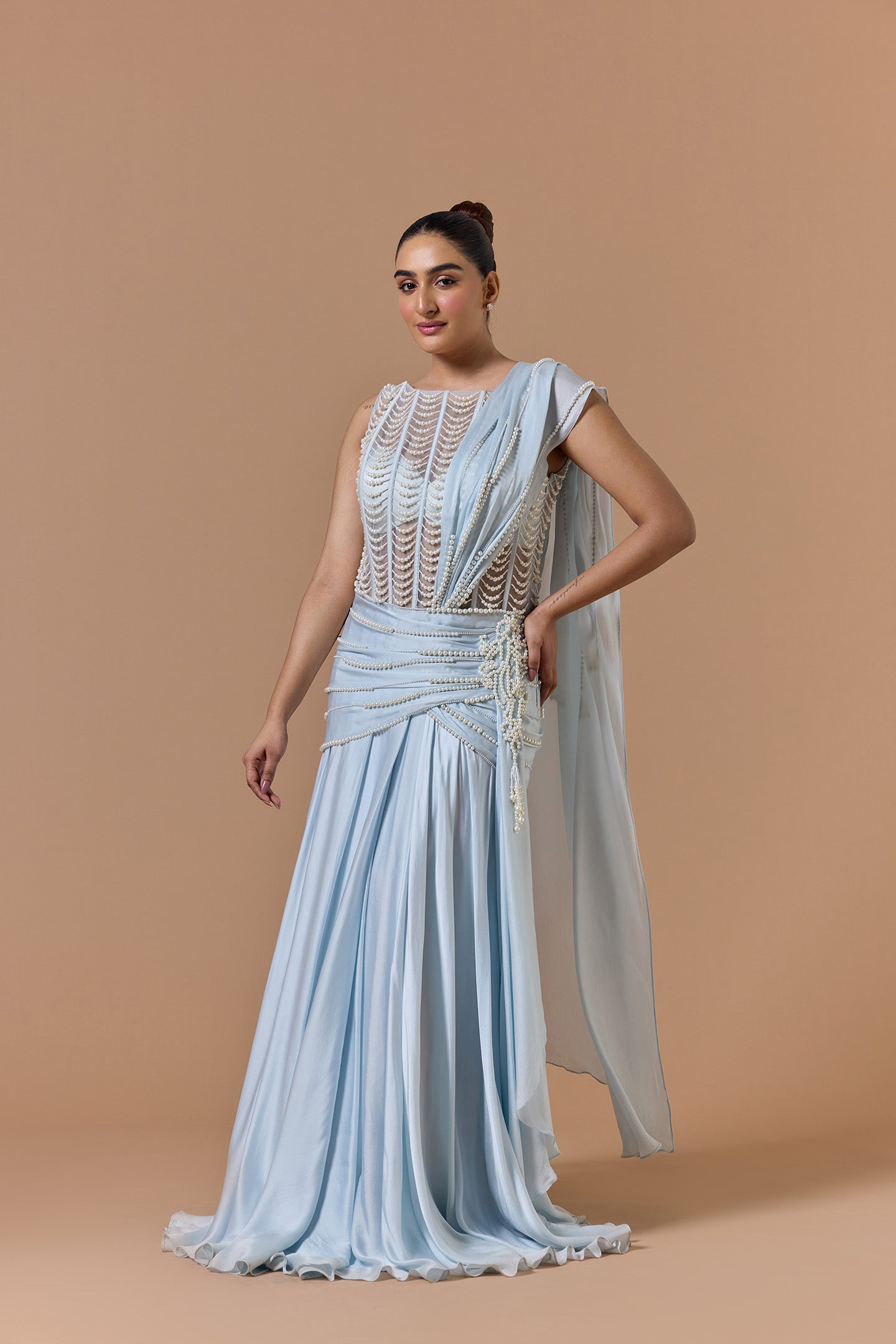 Powder Blue Satin Gown Saree Set