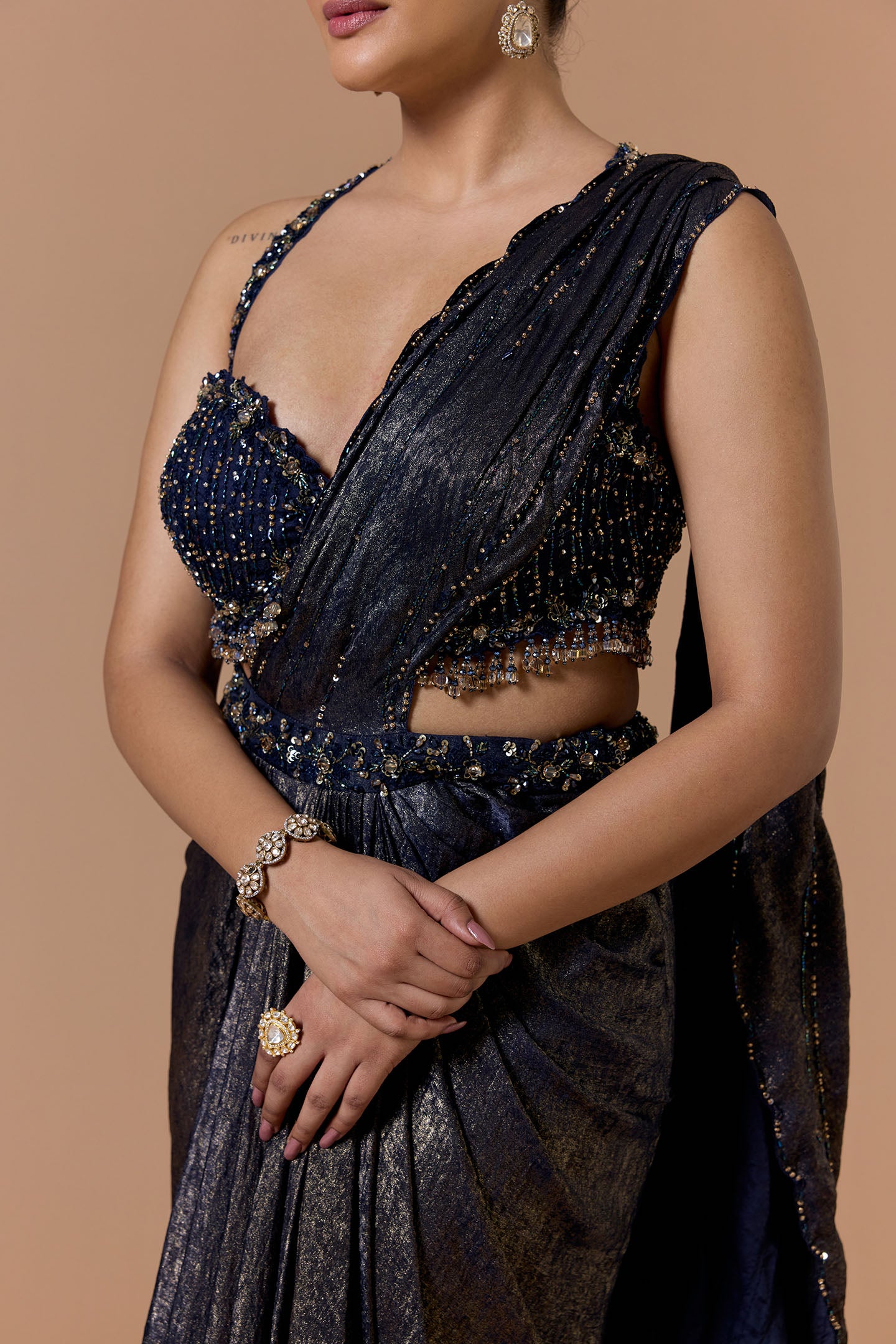 Navy Blue Satin Shimmer Draped Saree Set