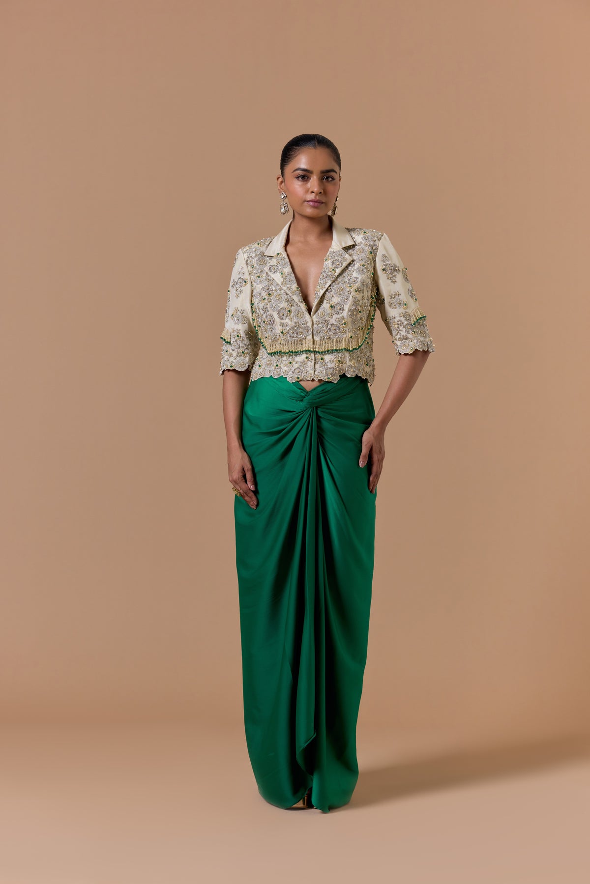 Green Draped Indowestern Saree With Tissue Jacket