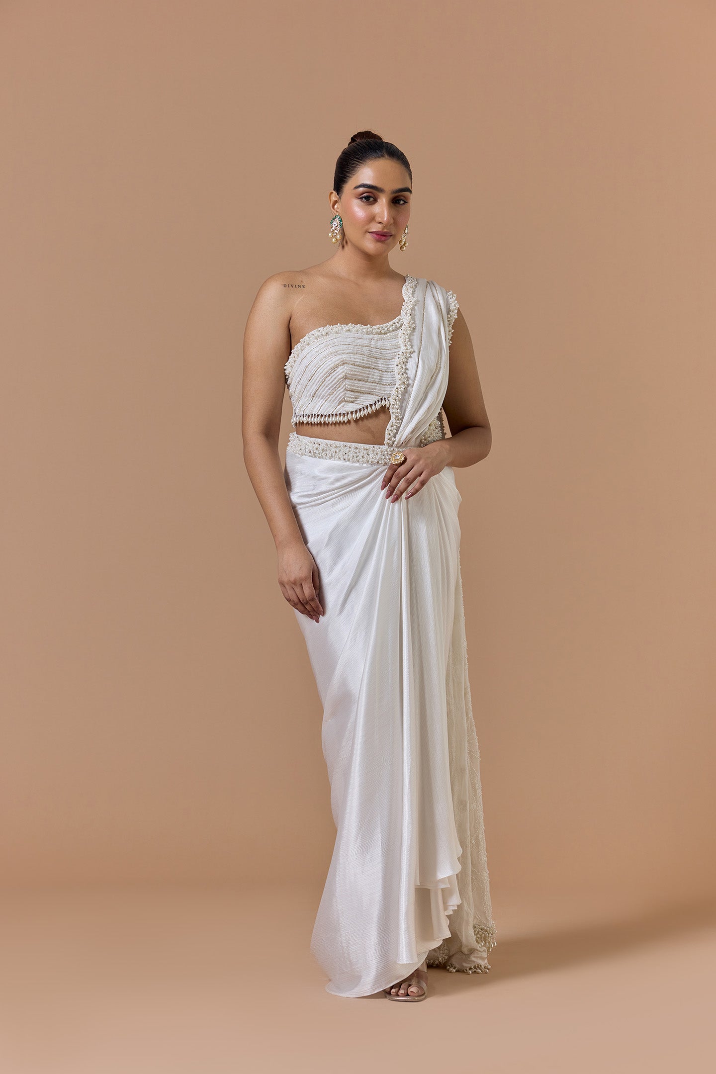 Ivory One Off Shoulder Draped Saree Set