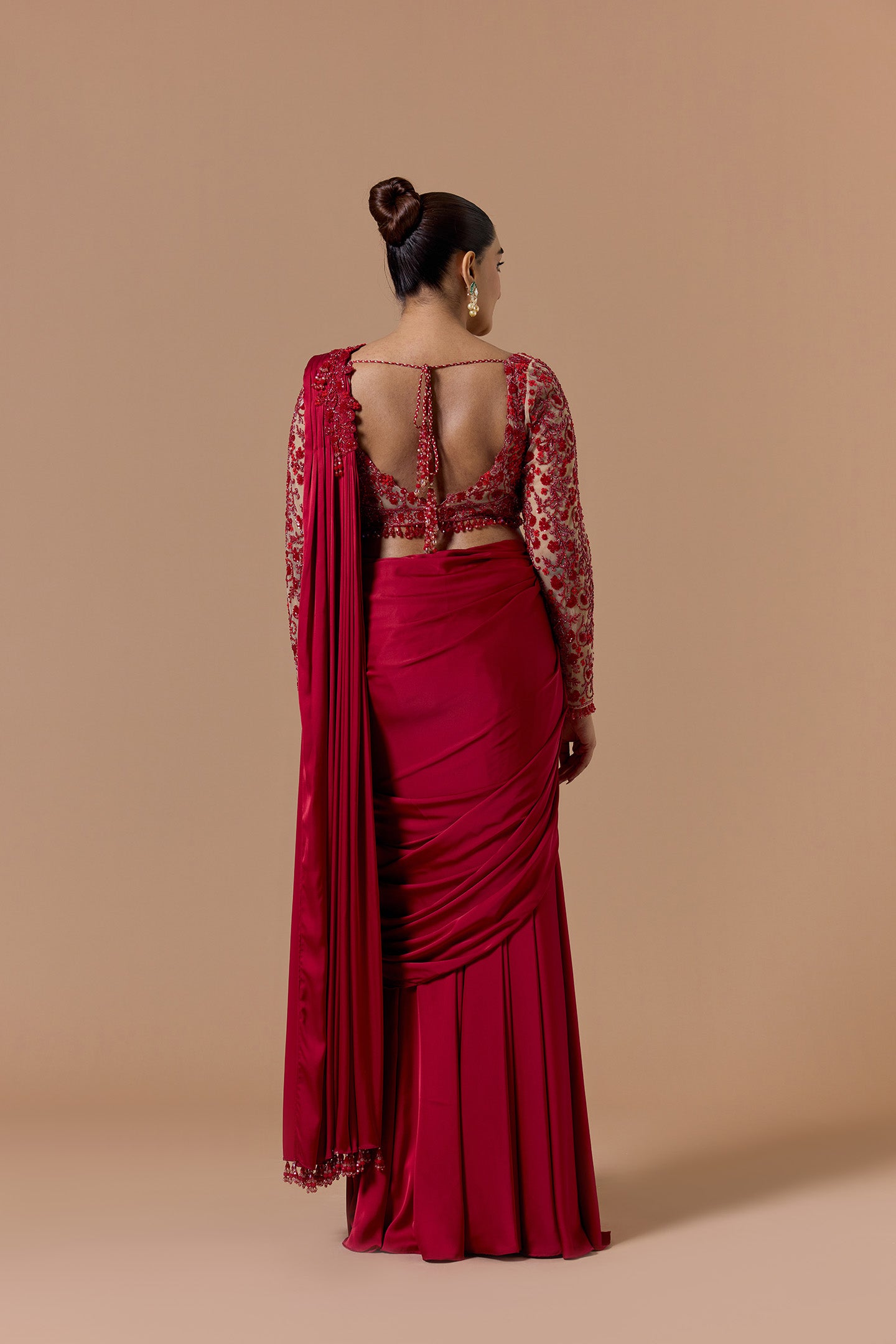 Red Draped Saree With Nude Blouse Set