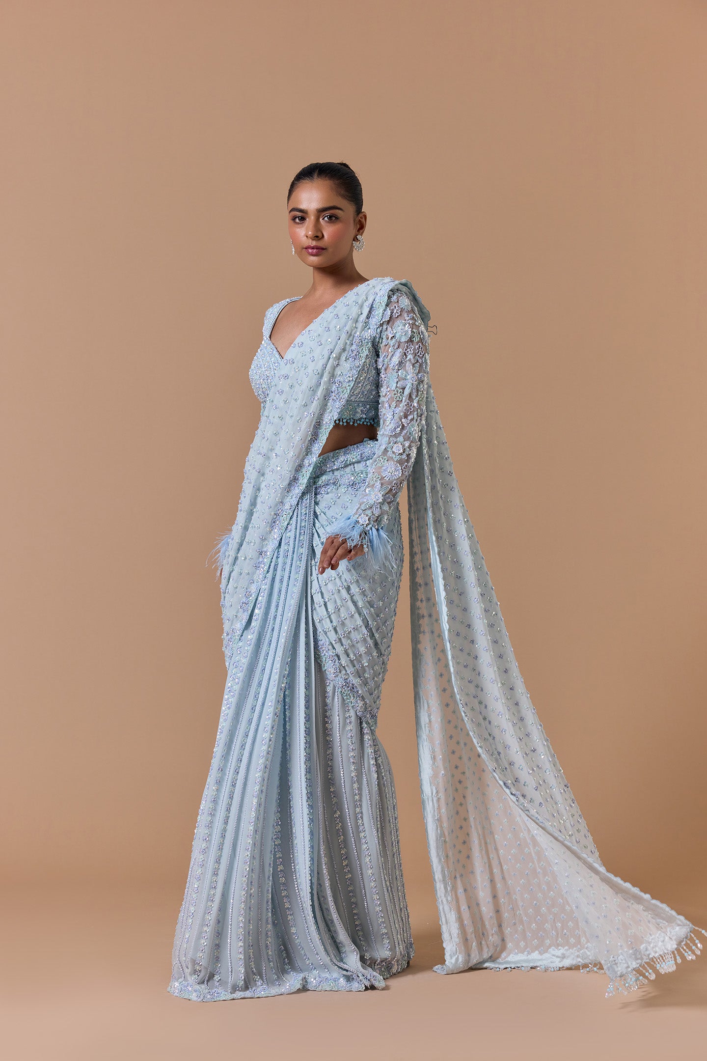 Powder Blue Pleated Draped Saree Set