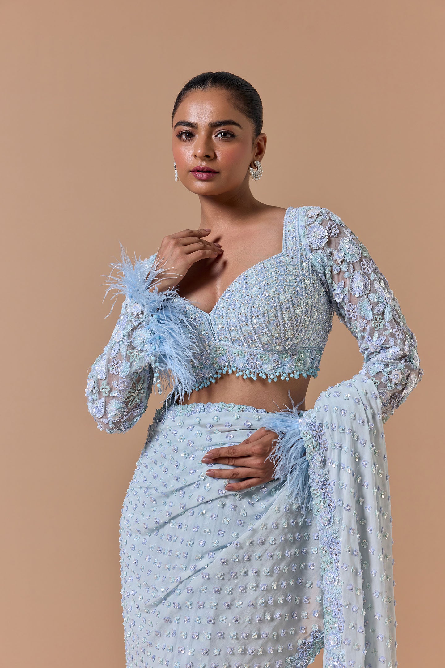 Powder Blue Pleated Draped Saree Set