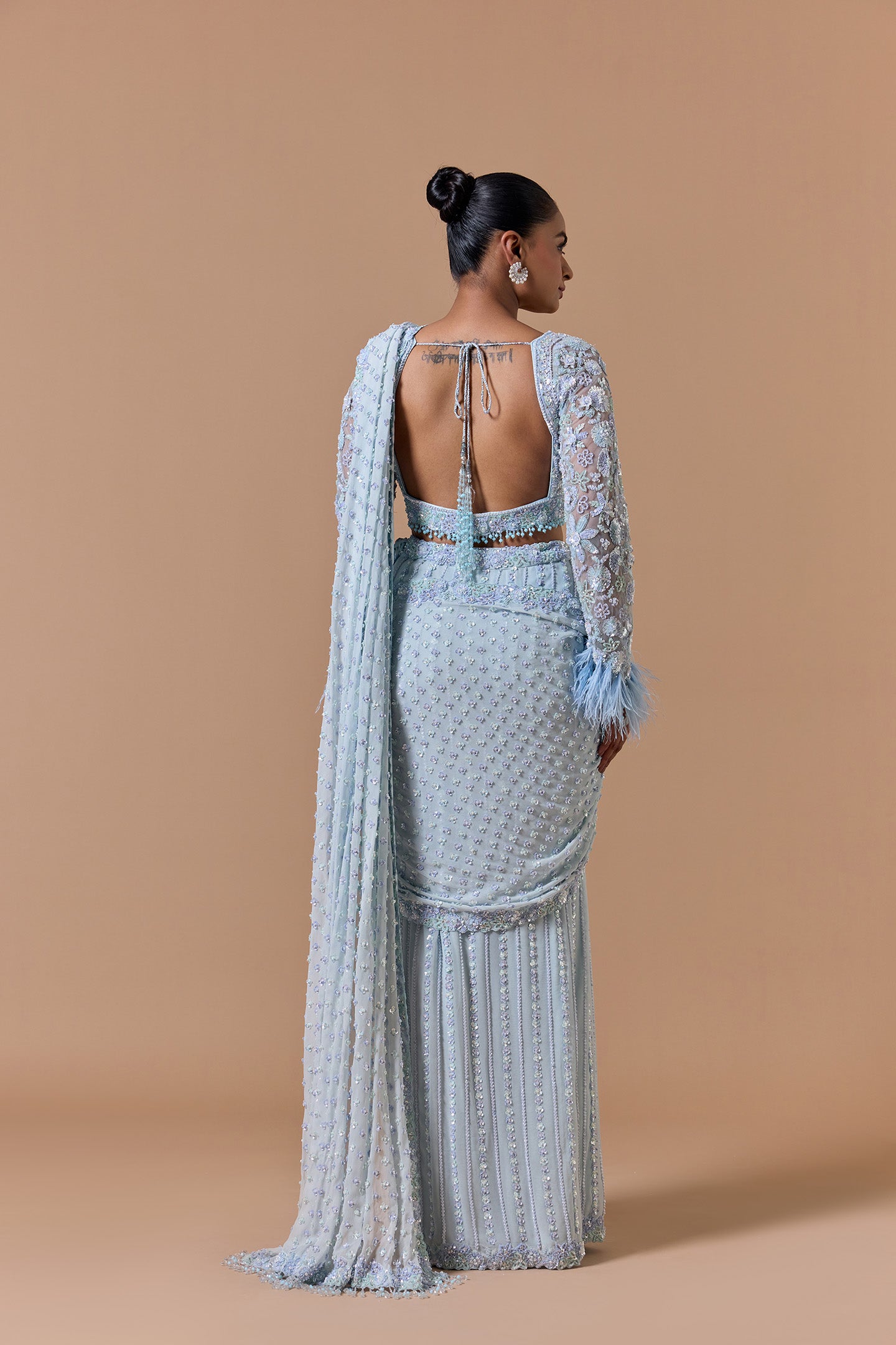 Powder Blue Pleated Draped Saree Set