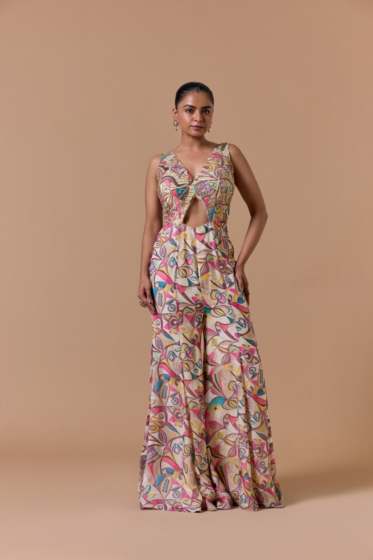 Beige Printed Jump Suit