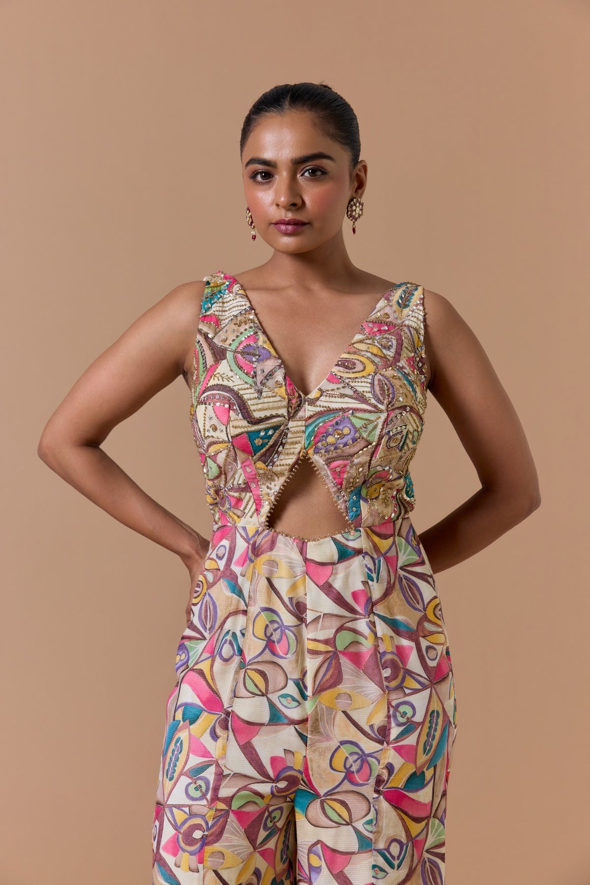 Beige Printed Jump Suit