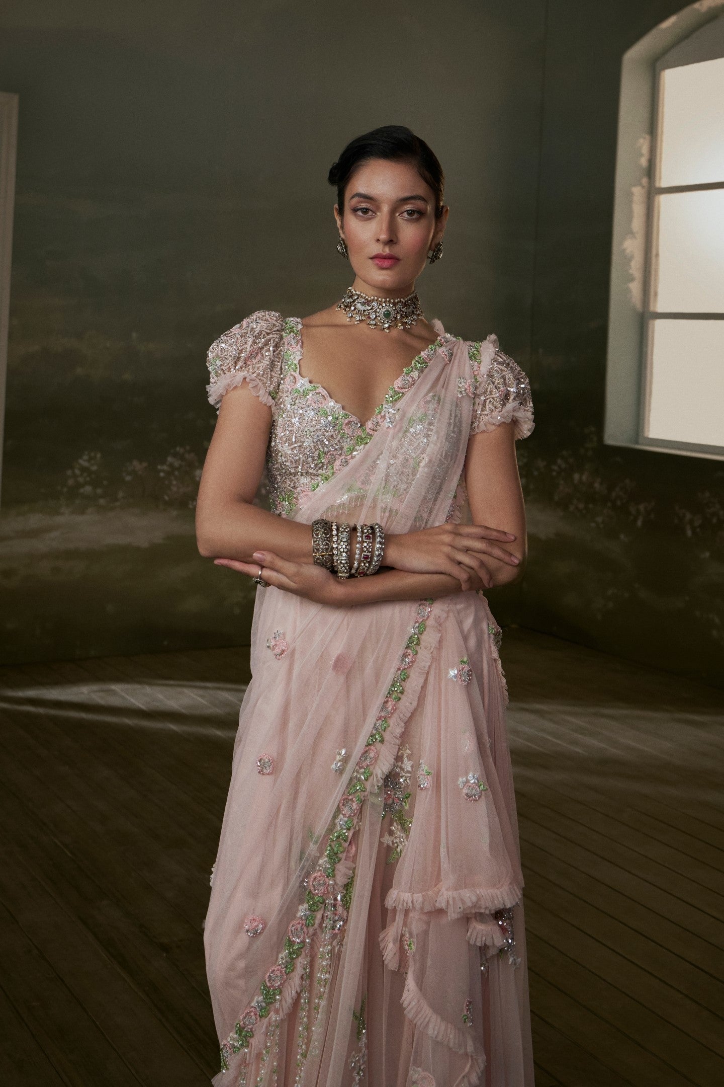 Rose Pink Pre-draped Saree With Trail