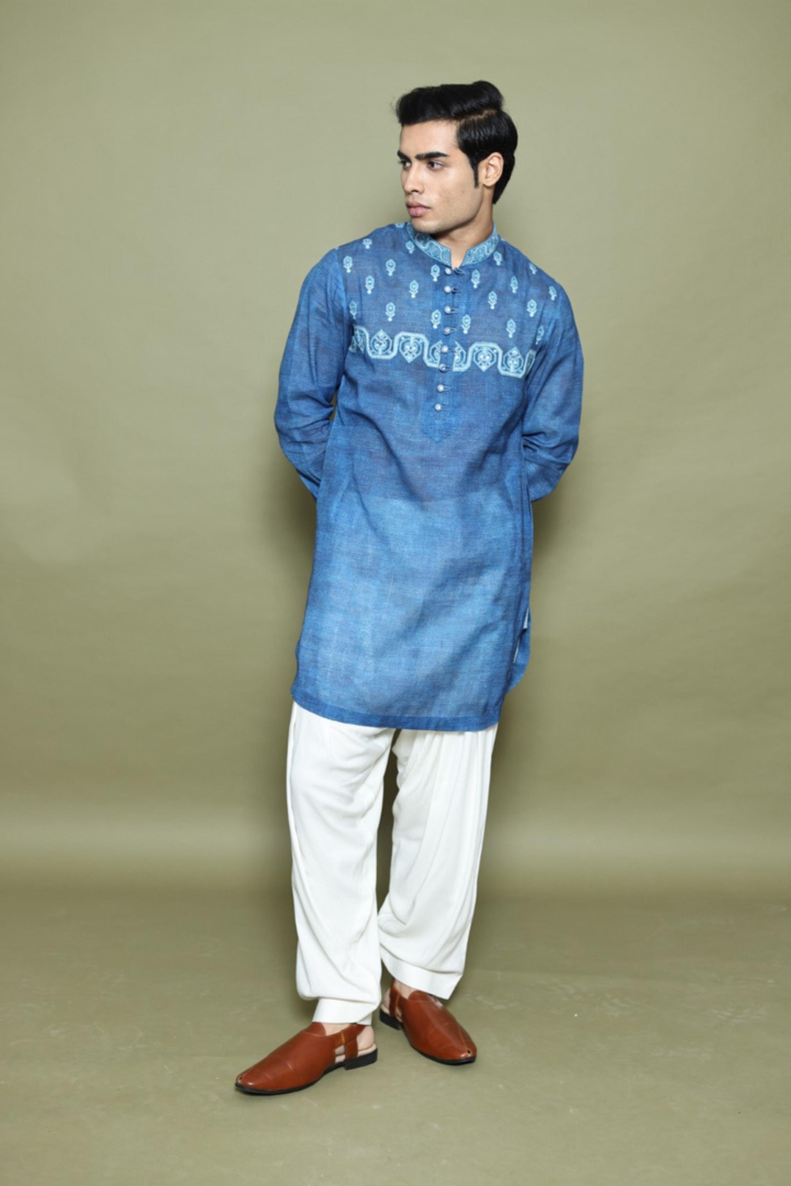 INDIGO PRINTED LINEN KURTA WITH SALWAR