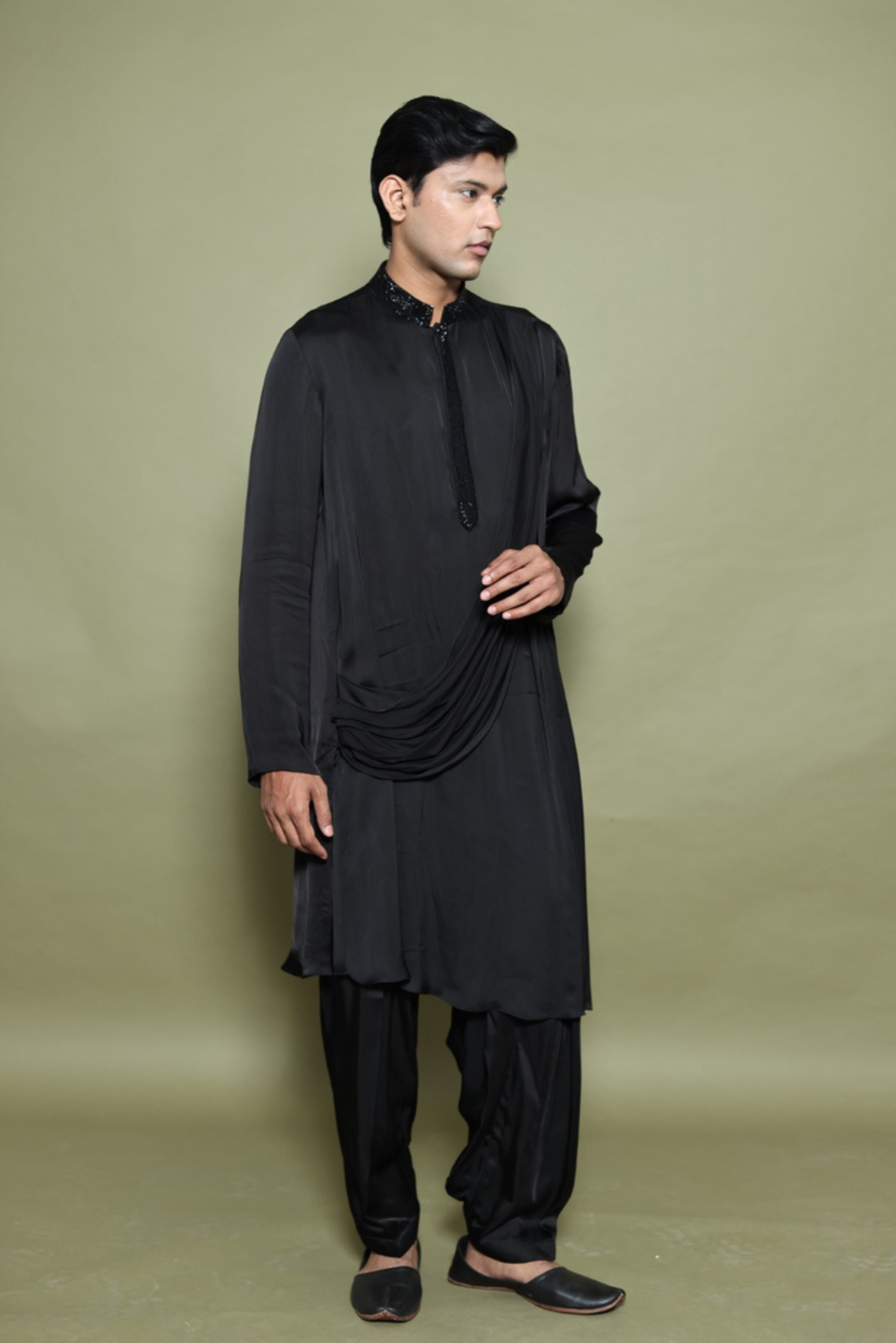 BLACK DRAPED KURTA WITH SALWAR