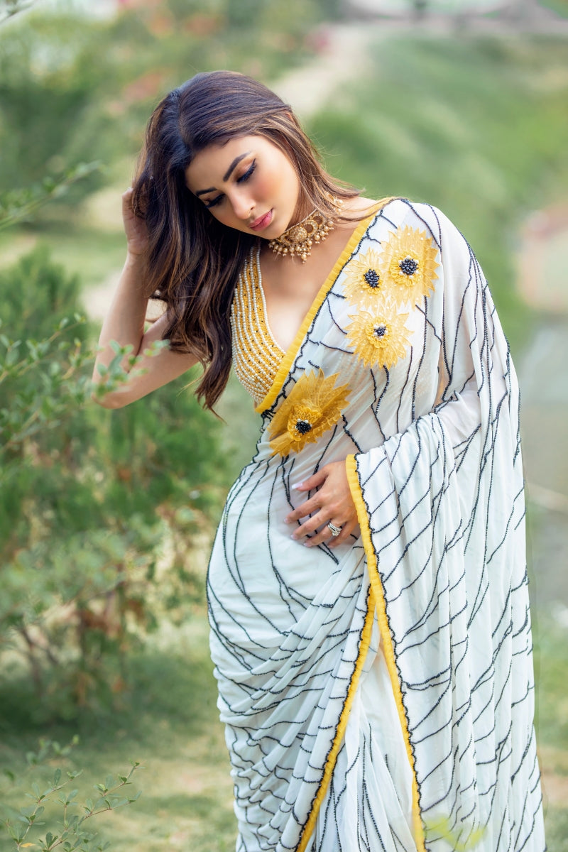 Mouni Roy IN Off White Georgette Sunflower Saree