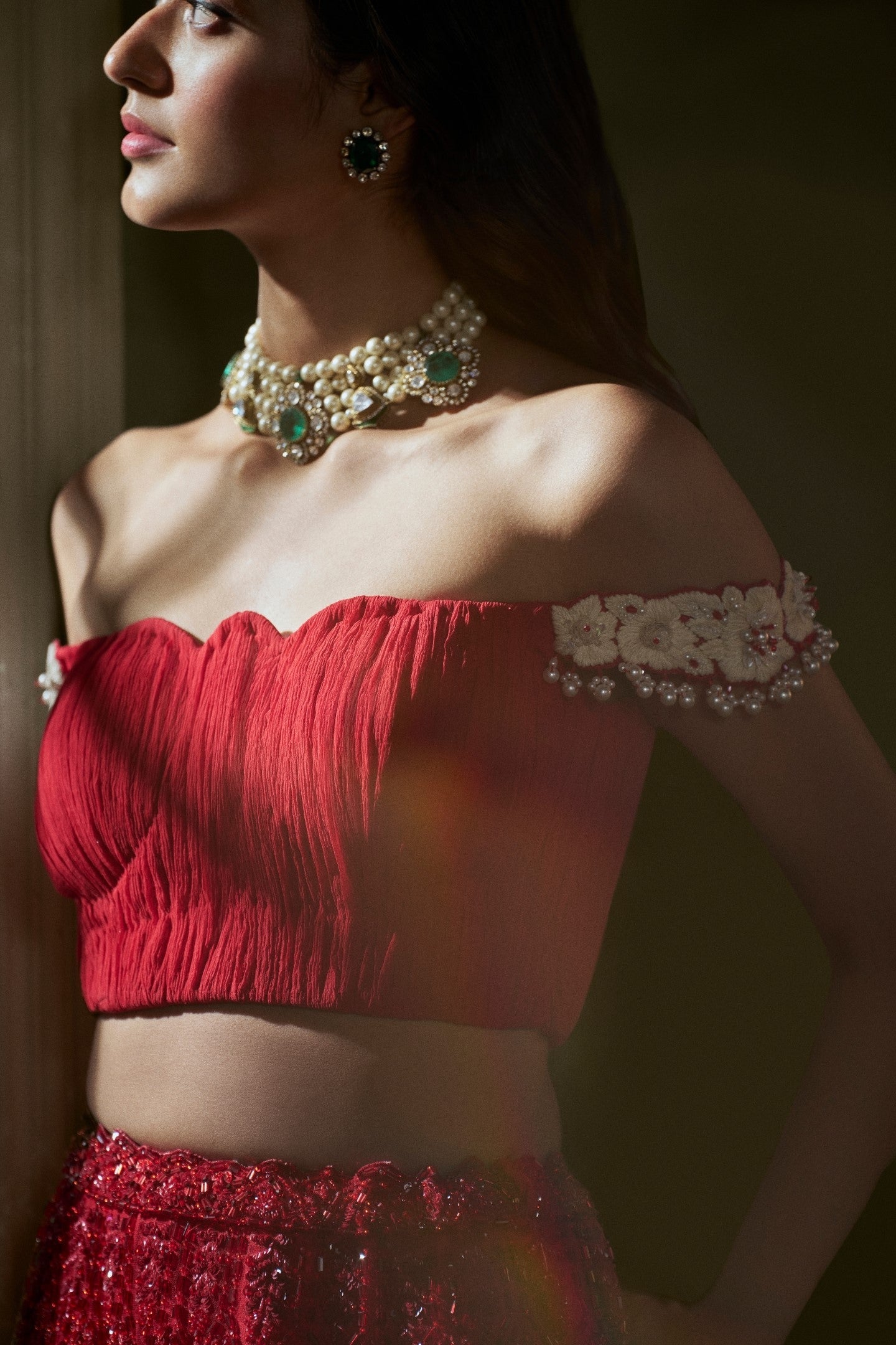 Namita Alexander In Red skirt with pleated crop top and dupatta