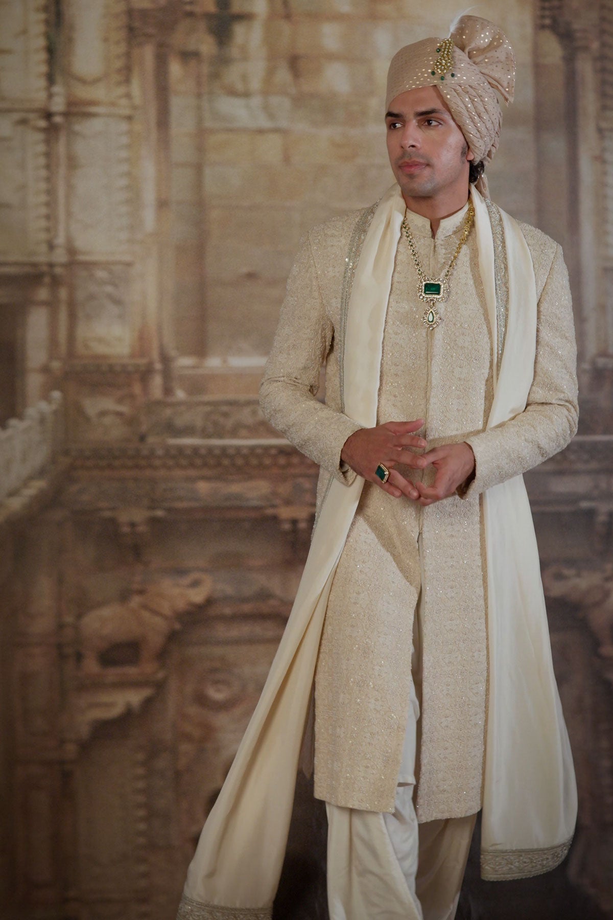 LIGHT BEIGE MORROCAN PATTERN EMBROIDERY SHERWANI SET