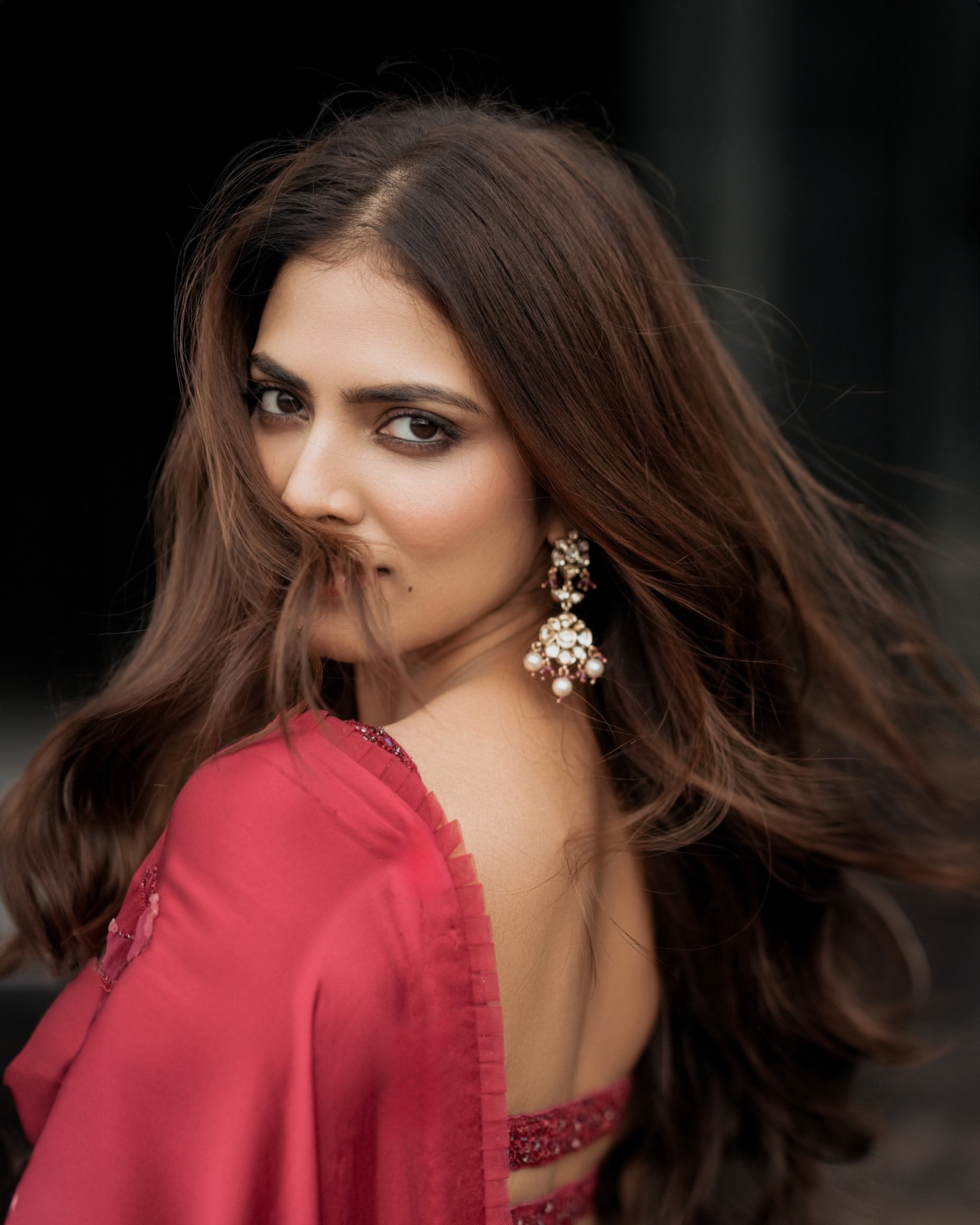 Malavika Mohanan In Strawberry Red Satin Saree