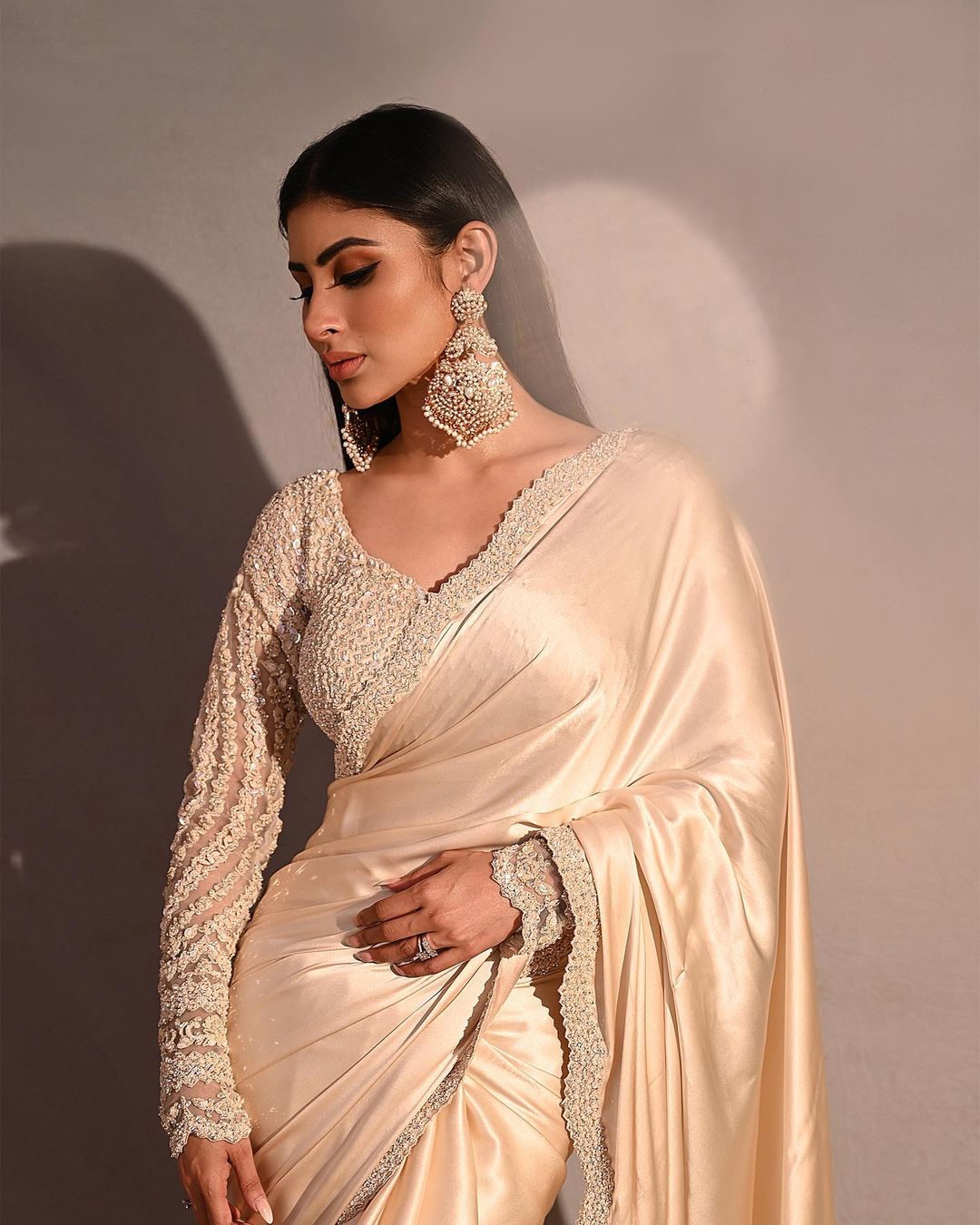 Mouni Roy IN Cream Satin Saree
