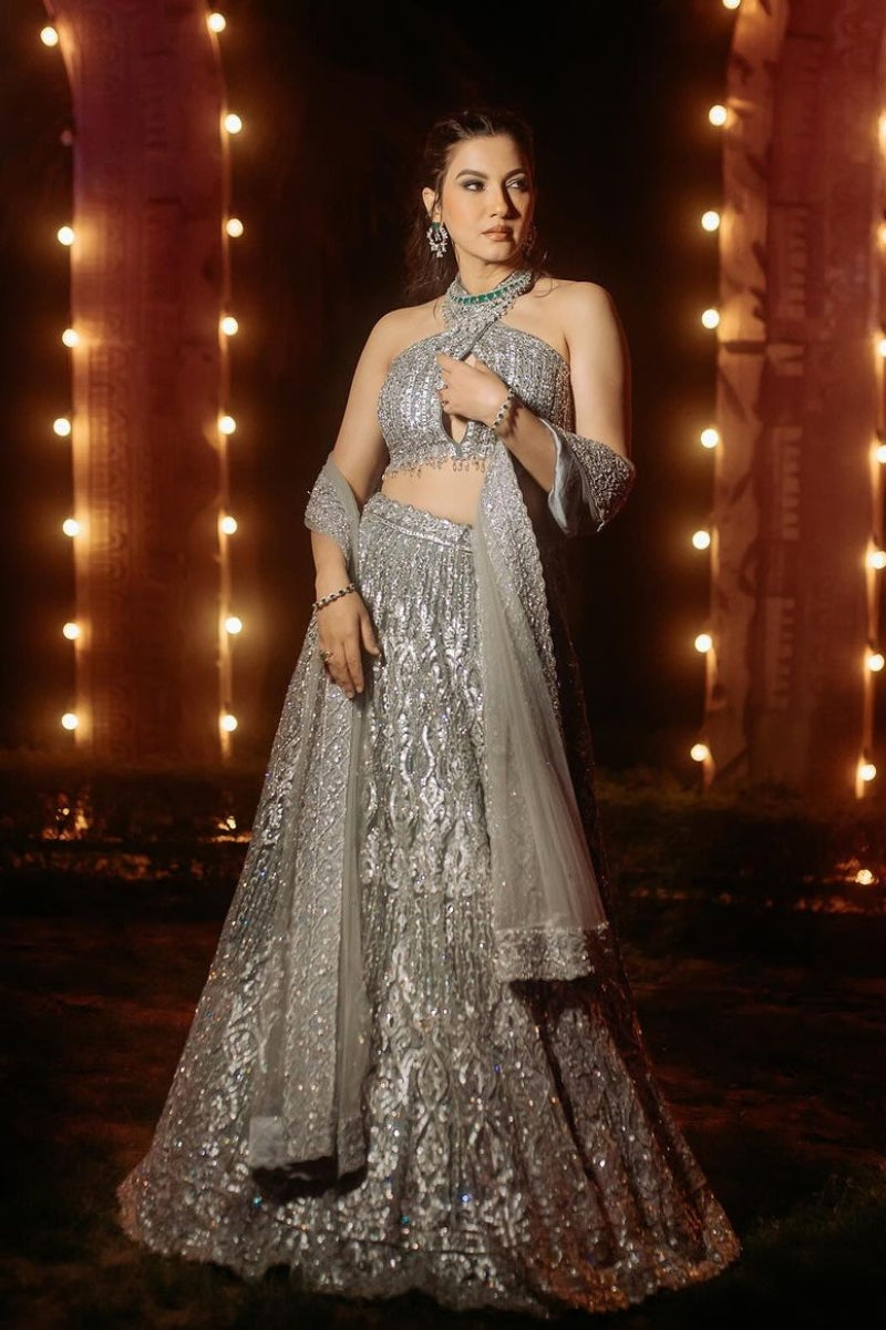 GAUAHAR KHAN IN CHARCOAL GREY NET LEHENGA CHOLI SET