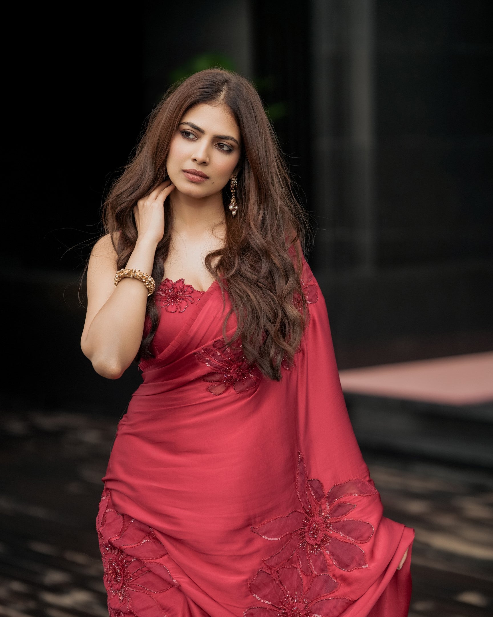 Malavika Mohanan In Strawberry Red Satin Saree