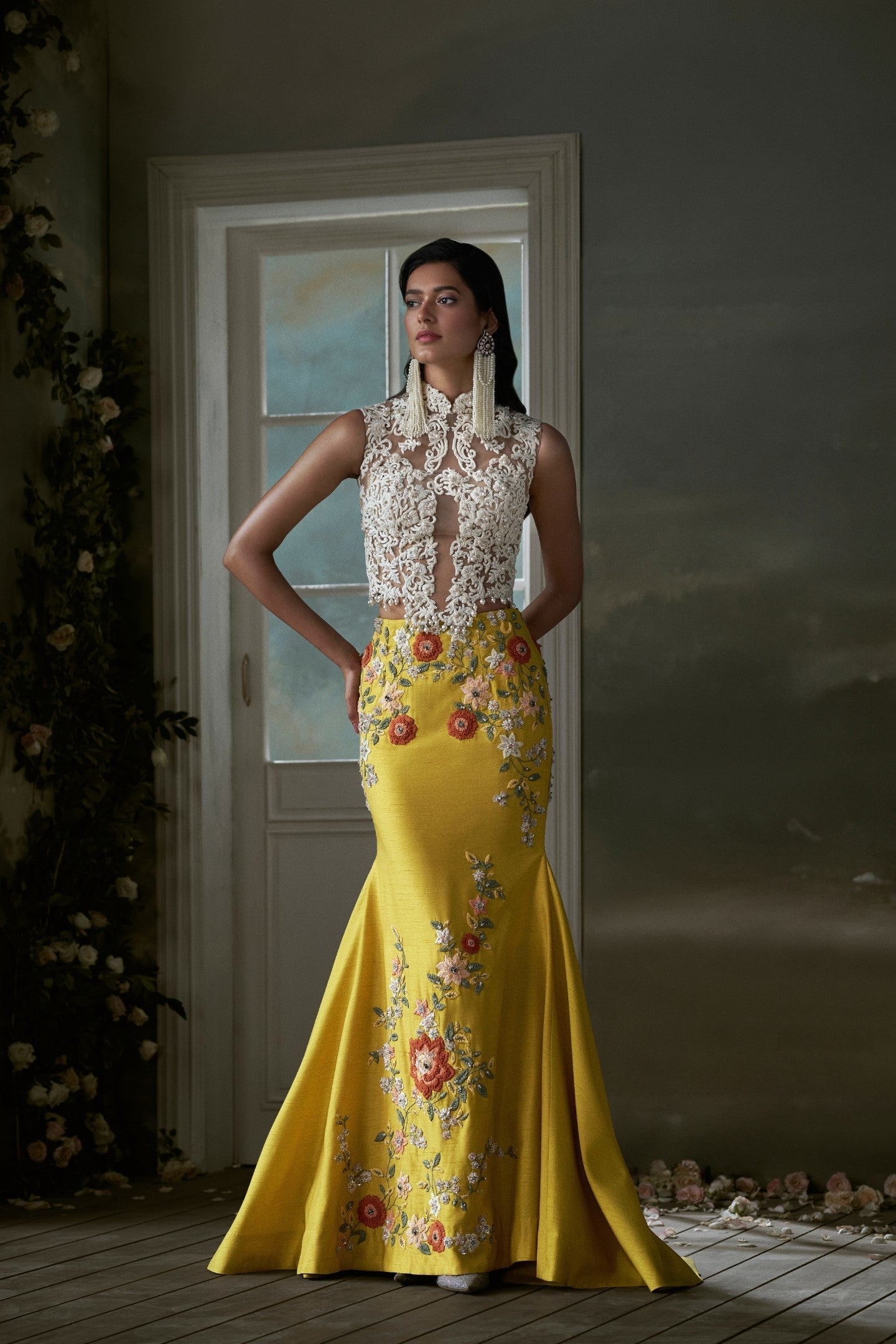 Lakshmi Manchu in Yellow Skirt With Ivory Corset Top