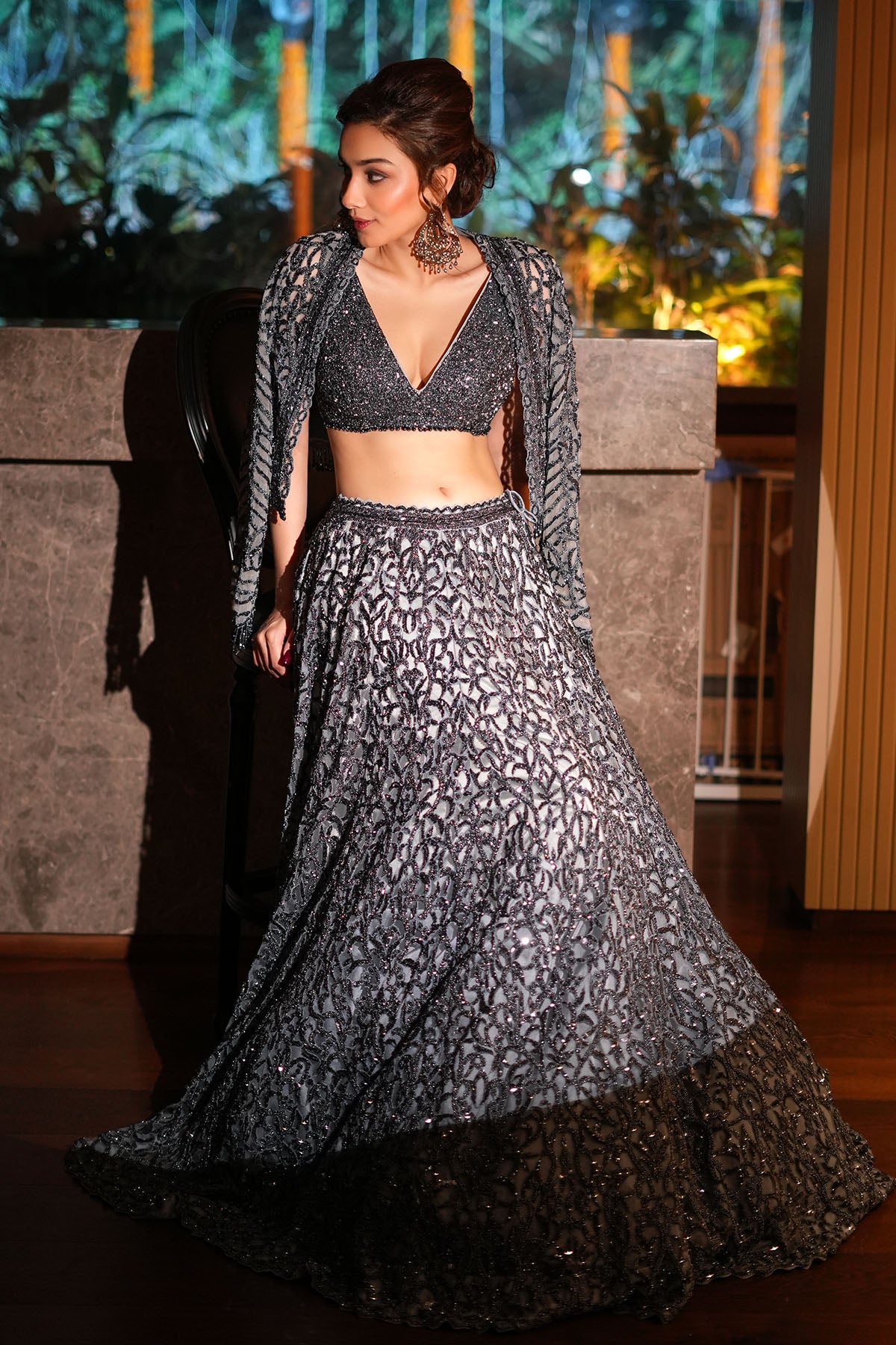 Alfia Jaffery In Stone grey Lehenga Choli Set With Jacket
