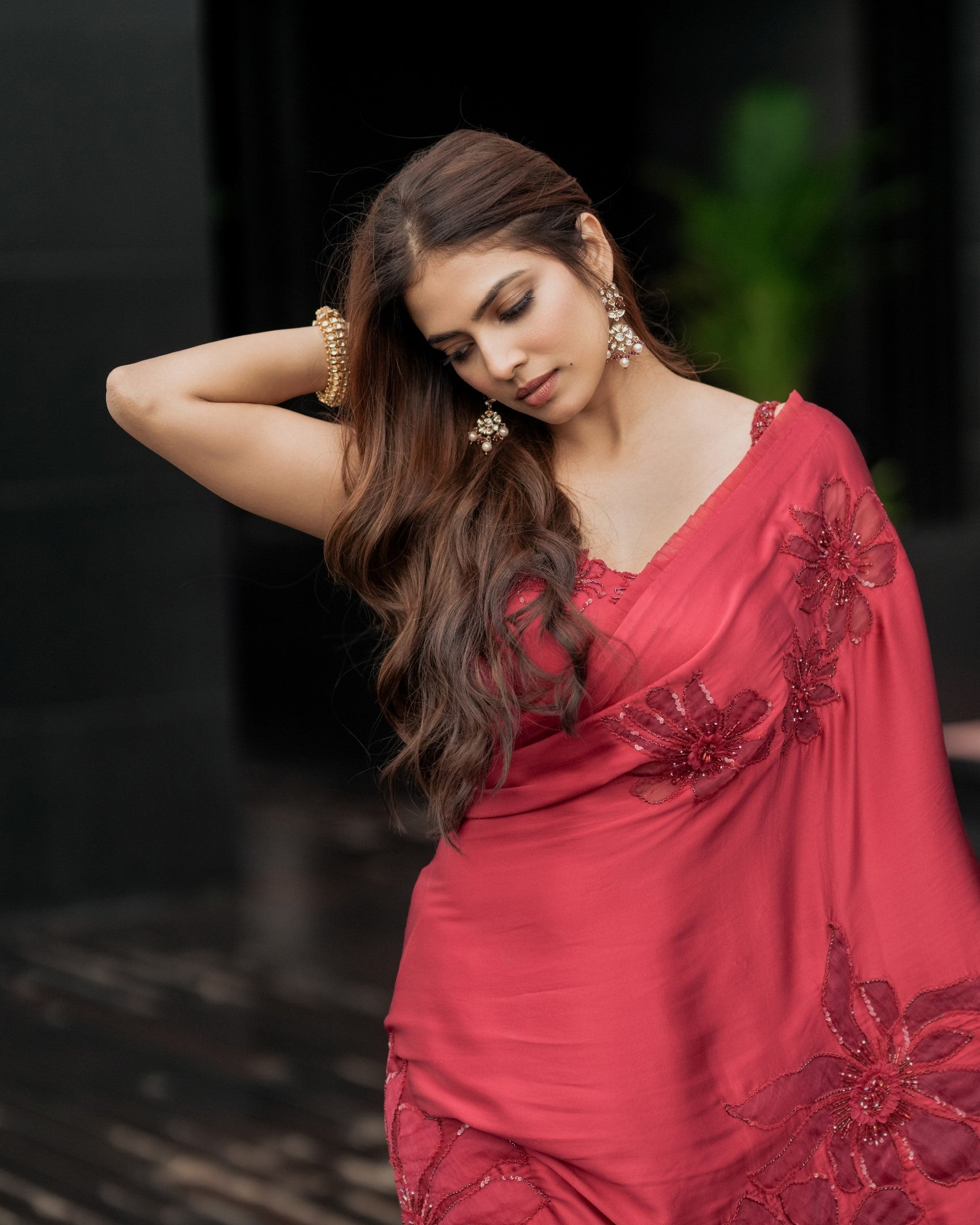 Malavika Mohanan In Strawberry Red Satin Saree