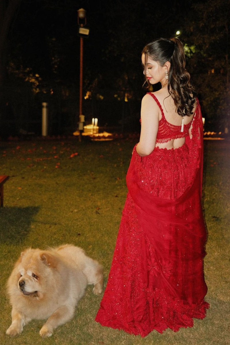 SARA TENDULKAR IN RED RAW SILK LEHENGA CHOLI SET