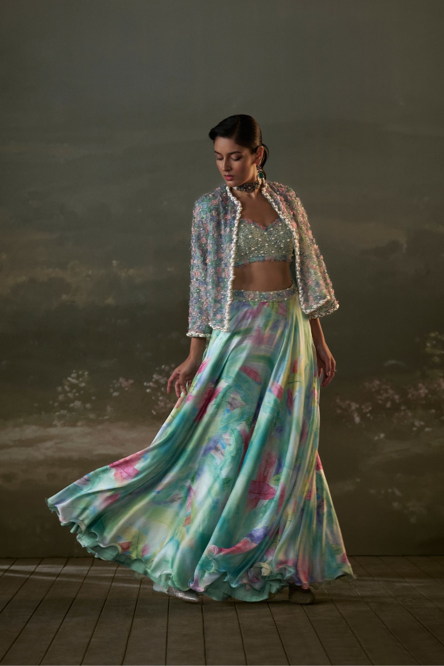 Turquoise Lehenga Choli Set With Jacket