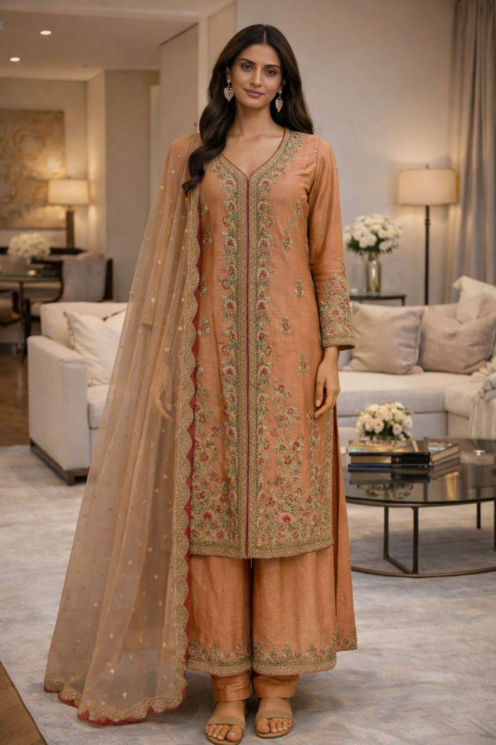 Peach Tanchoi Raw Silk Shirt With Plazo Set