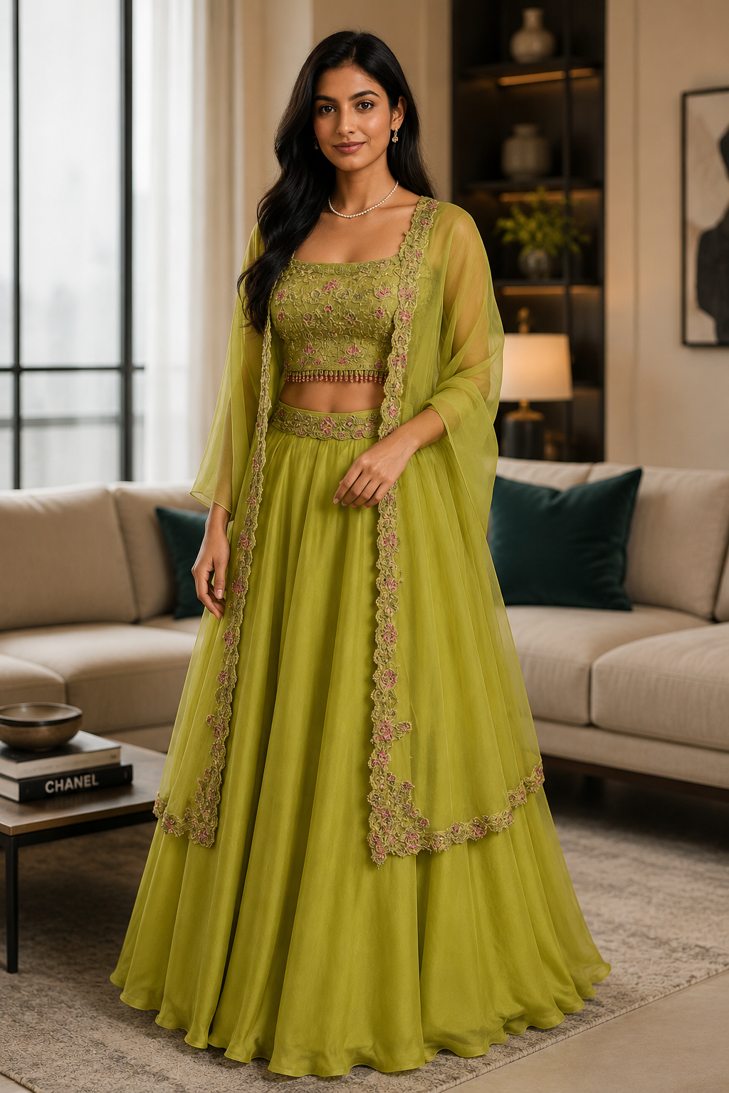 Lime organza cape lehenga choli set