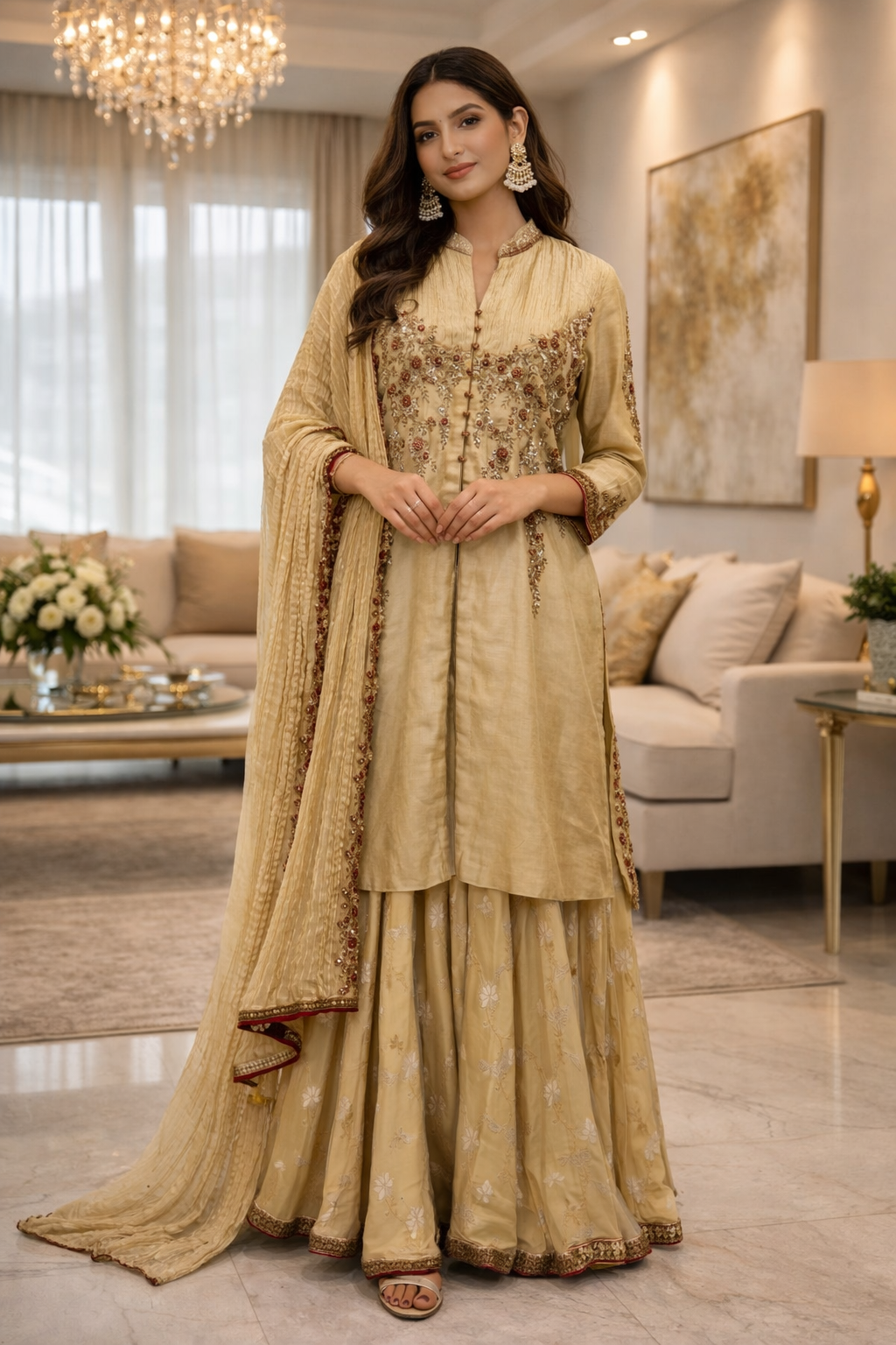Golden Tissue Sharara Set