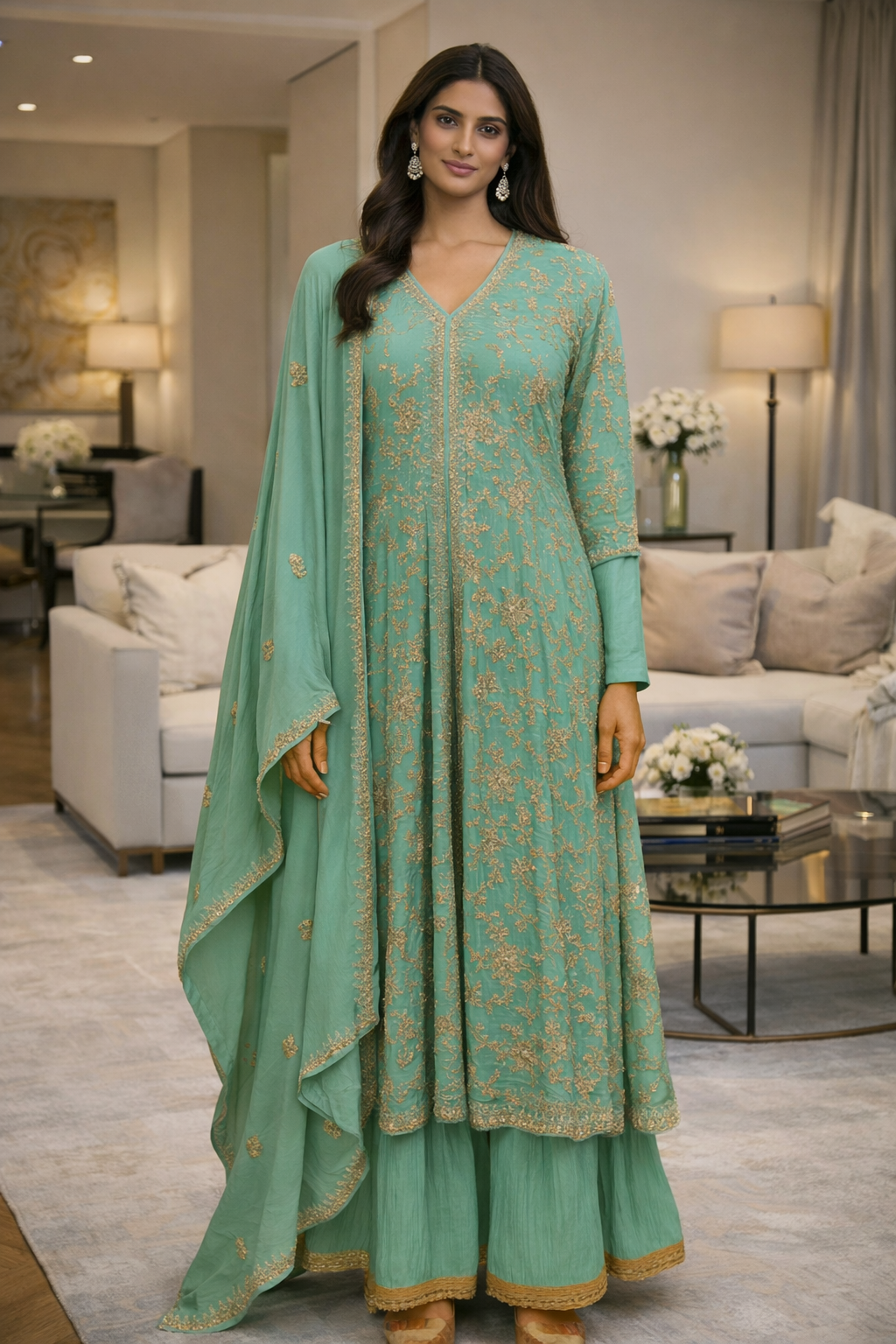 Sea Green Jacket Dress With Chinon Dupatta Set