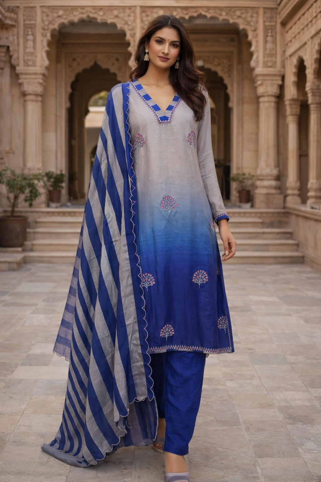 Grey Blue Shaded Shirt With Dhoti Salwar