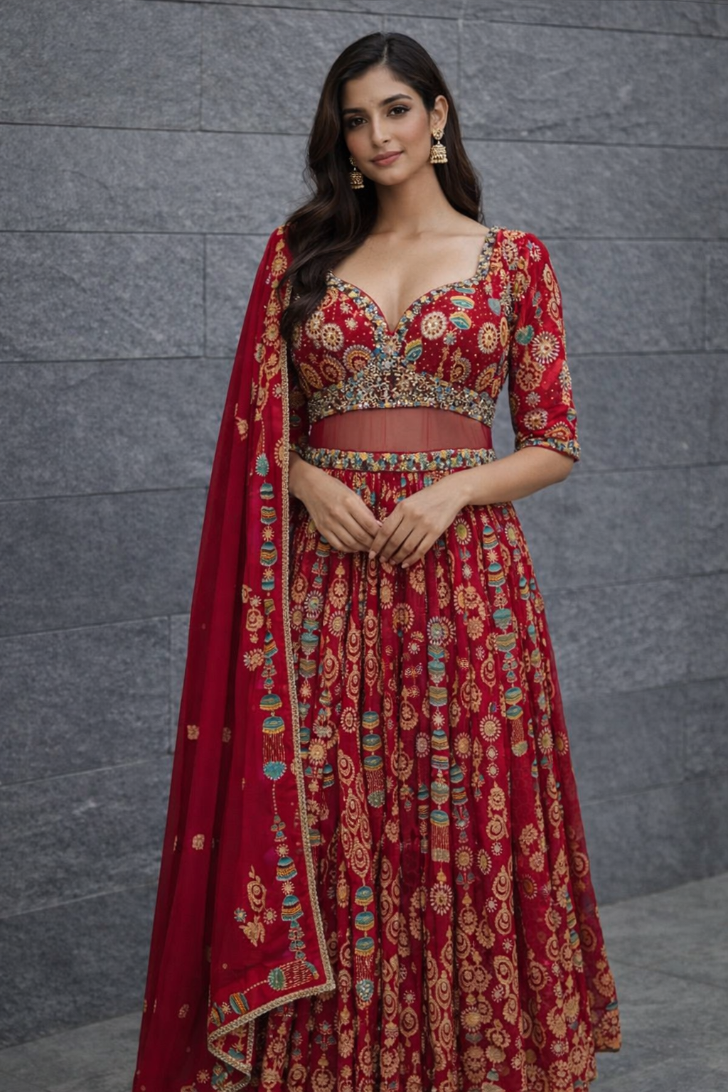 Red printed georgette kalidar set