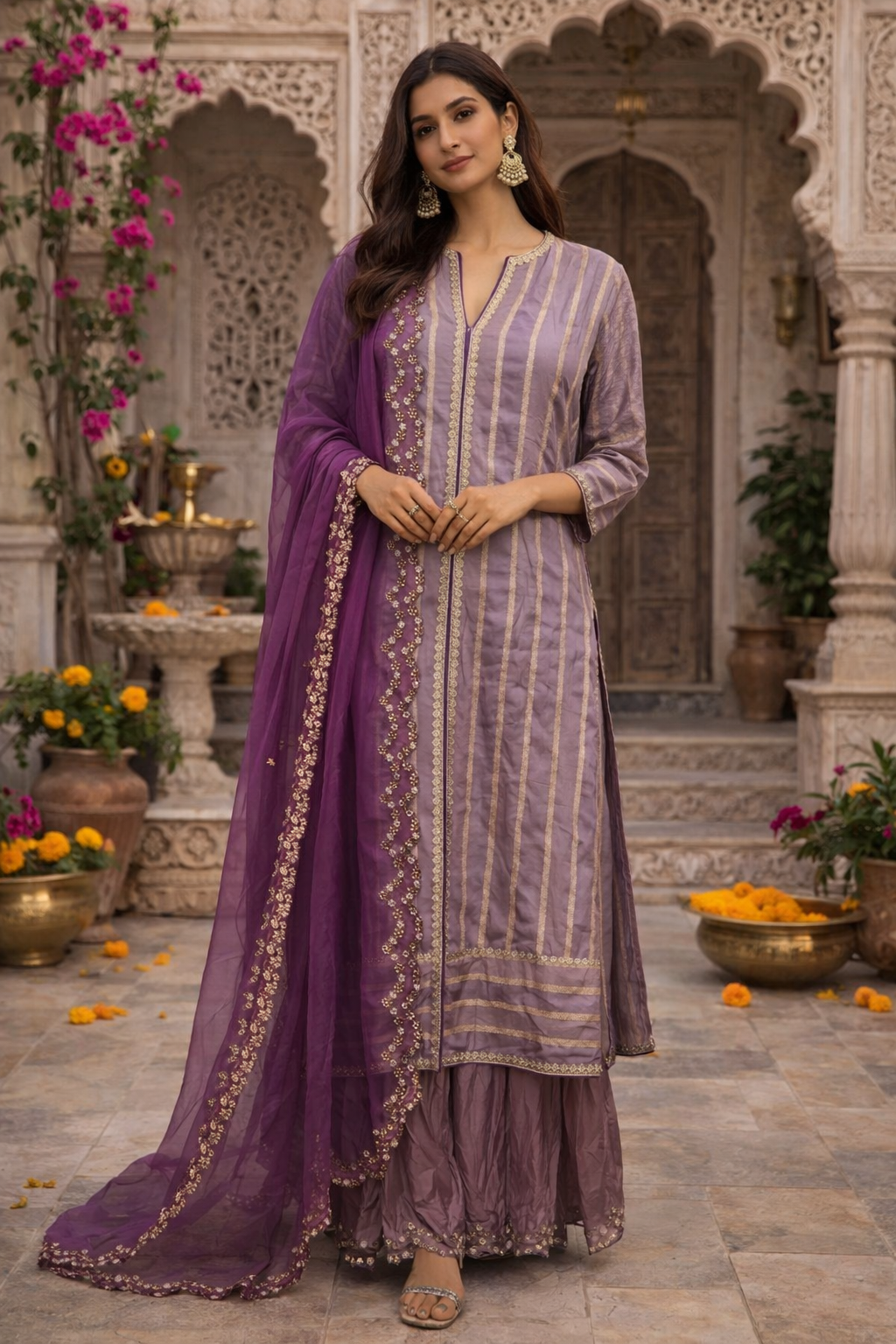 Mauve Strip Jacket Palazo Set