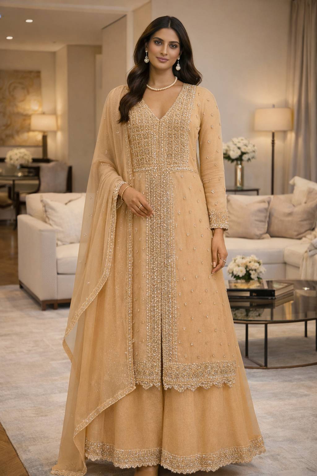 Peach Sequence Work Jacket With Palazo Set