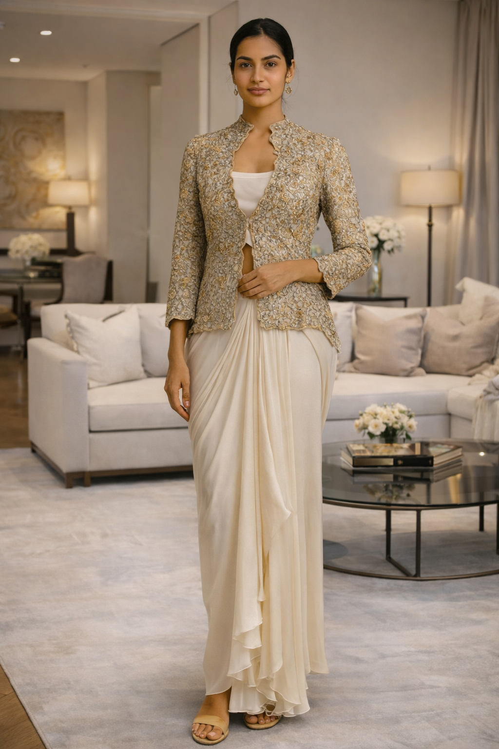 Ivory Tafta Jacket Satin Skirt Set