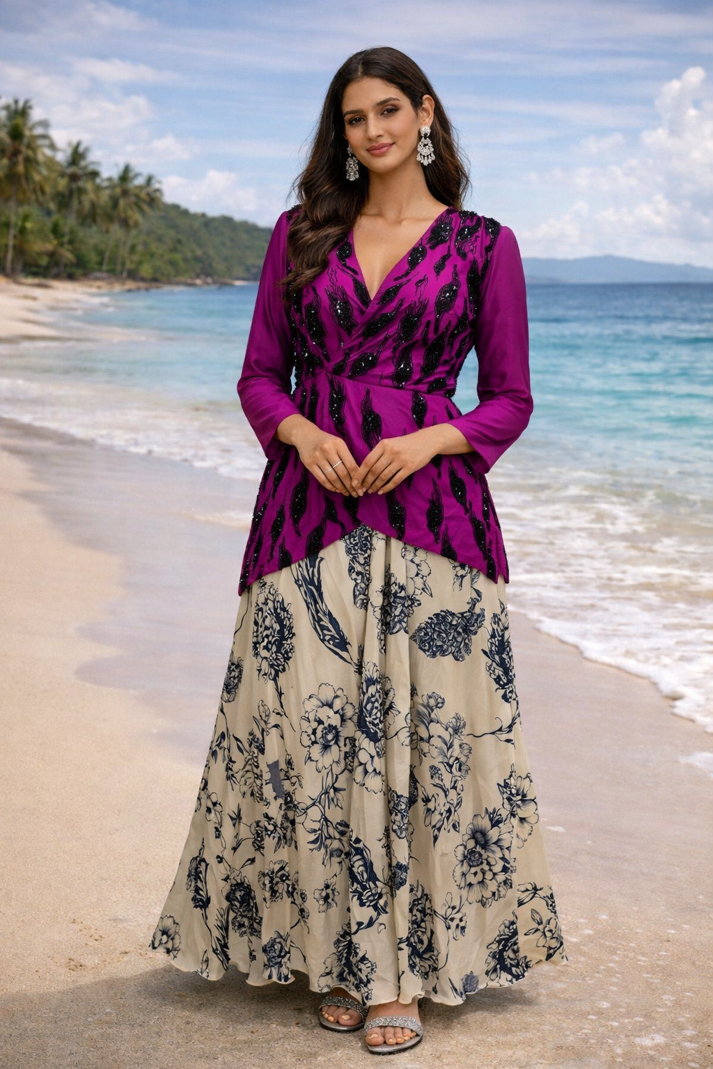 MAGENTA SILK JACKET BEIGE PALAZZO SET