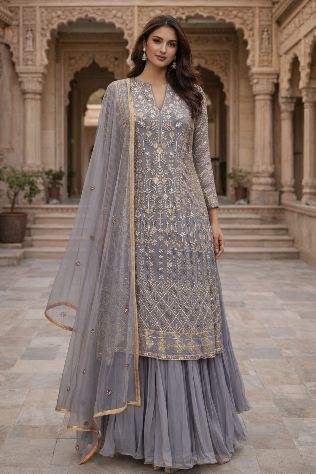 Grey Chiffon Shirt Shimmer Lehenga Set