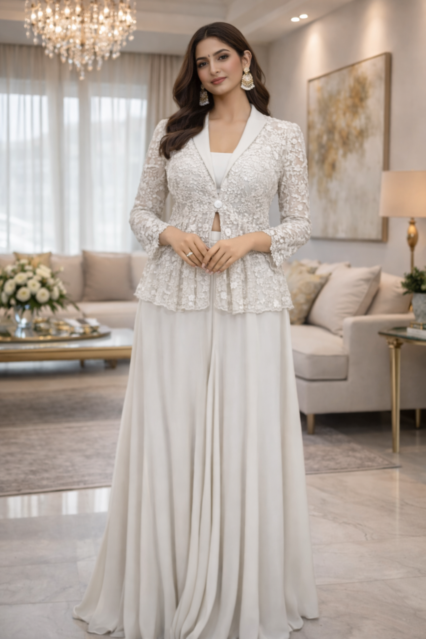CREAM WORKED PEPLUM JACKET LYCRA BUSTIER GGT SHARARA
