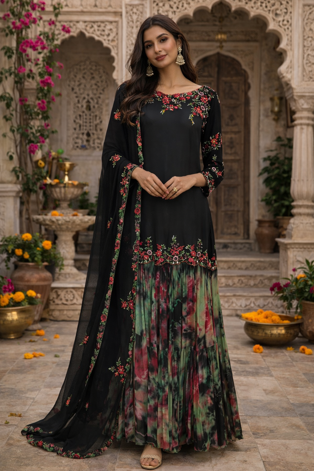 Garara Black Print Short Kurti Multi Resham Emb