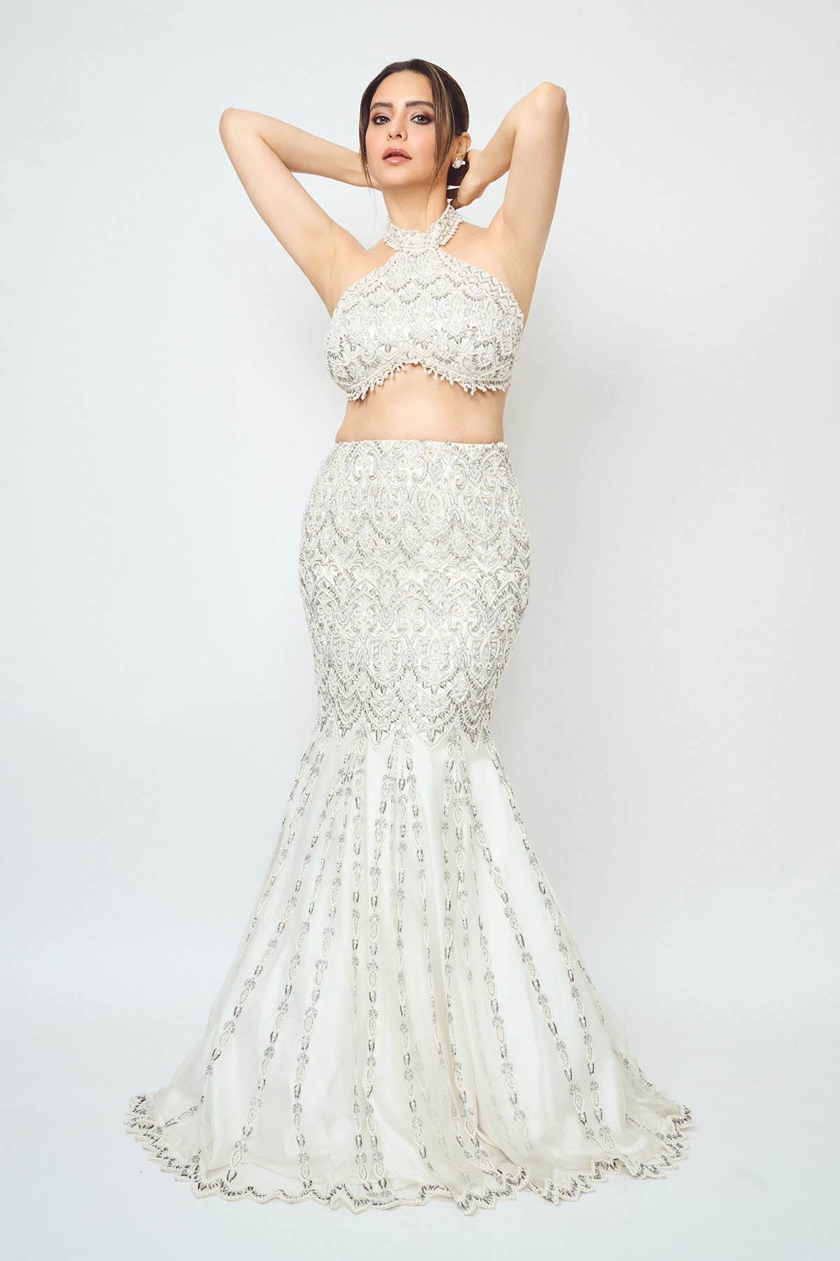 Amna Sharif In IVORY FISHTAILED SKIRT WITH PEARL WORK