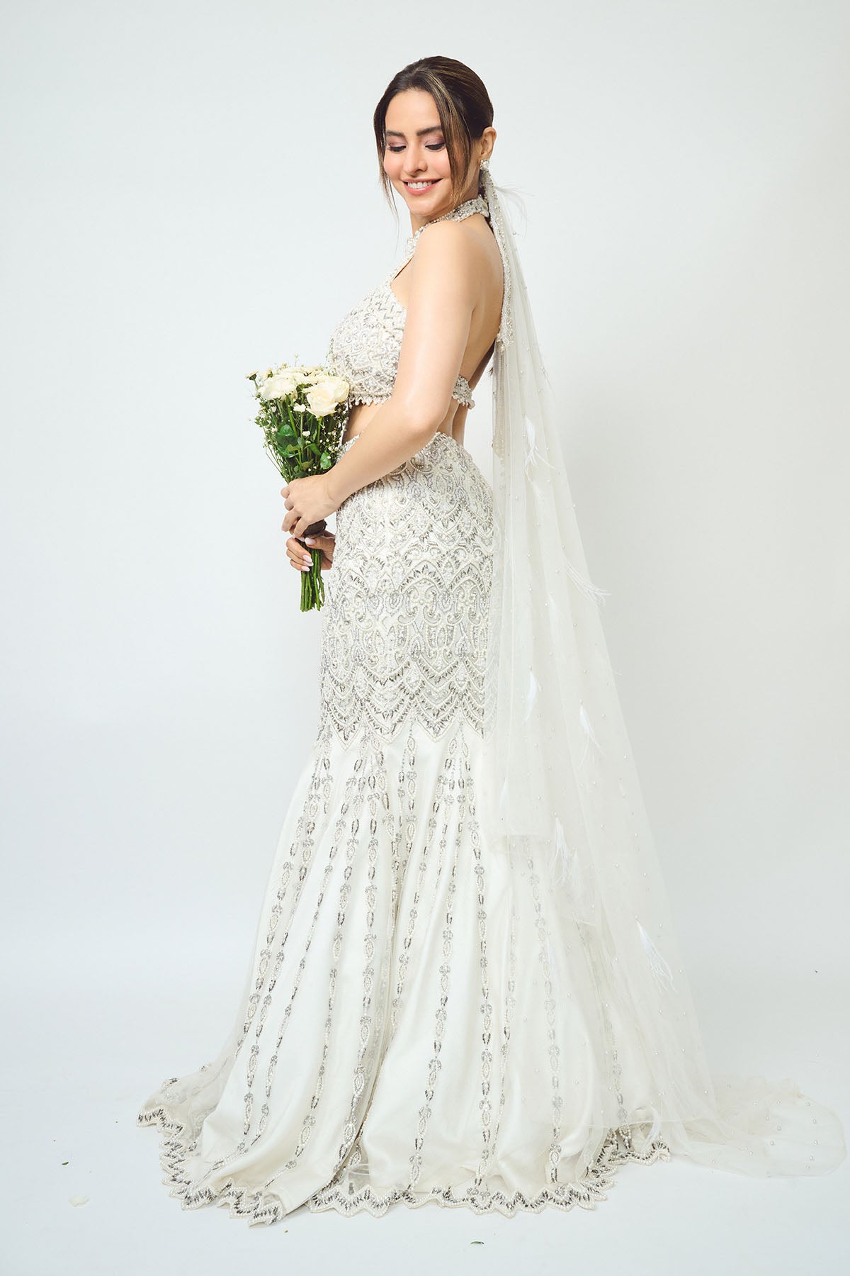 Amna Sharif In IVORY FISHTAILED SKIRT WITH PEARL WORK