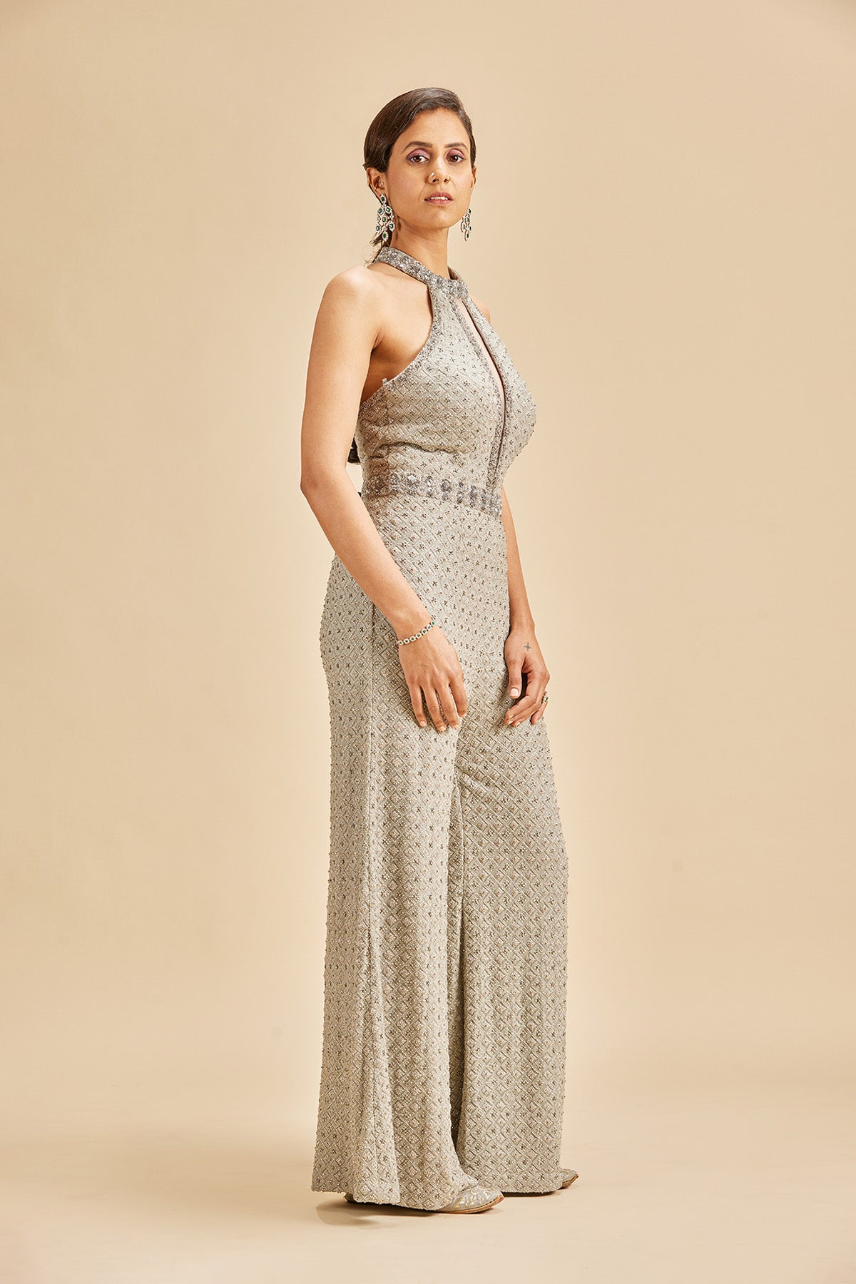 Grey Self Emb Georgette Jumpsuit