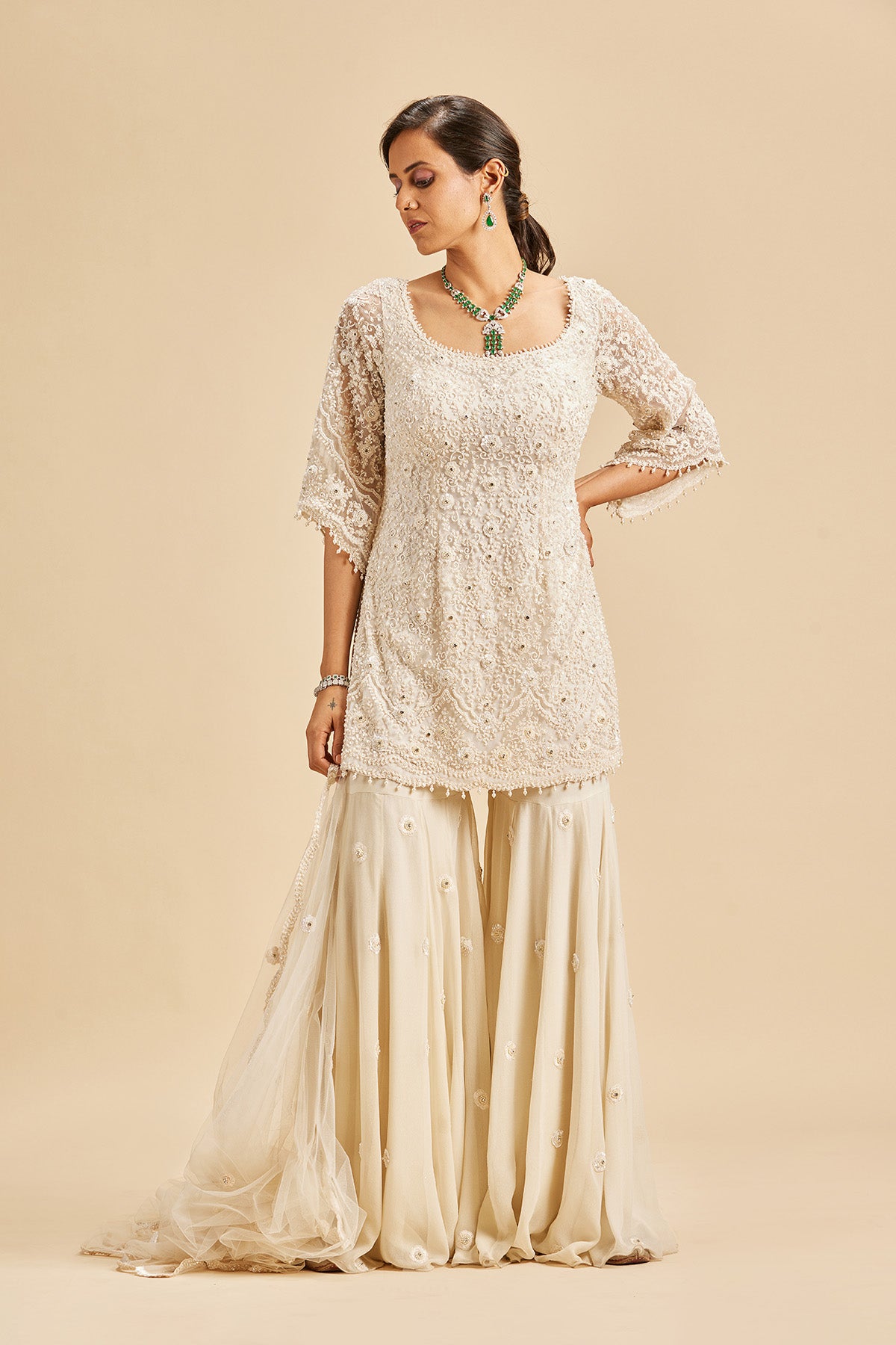 Ivory Self Embroidered Sharara Set
