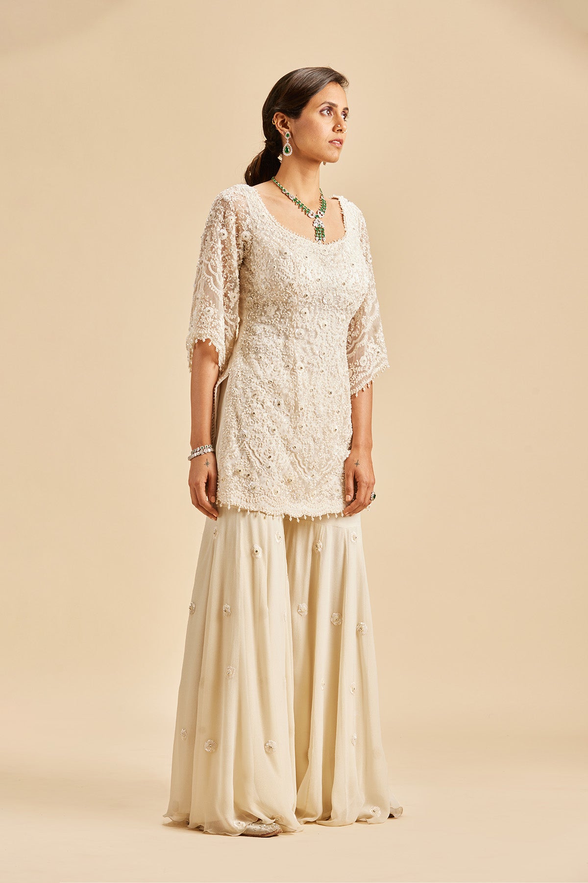 Ivory Self Embroidered Sharara Set