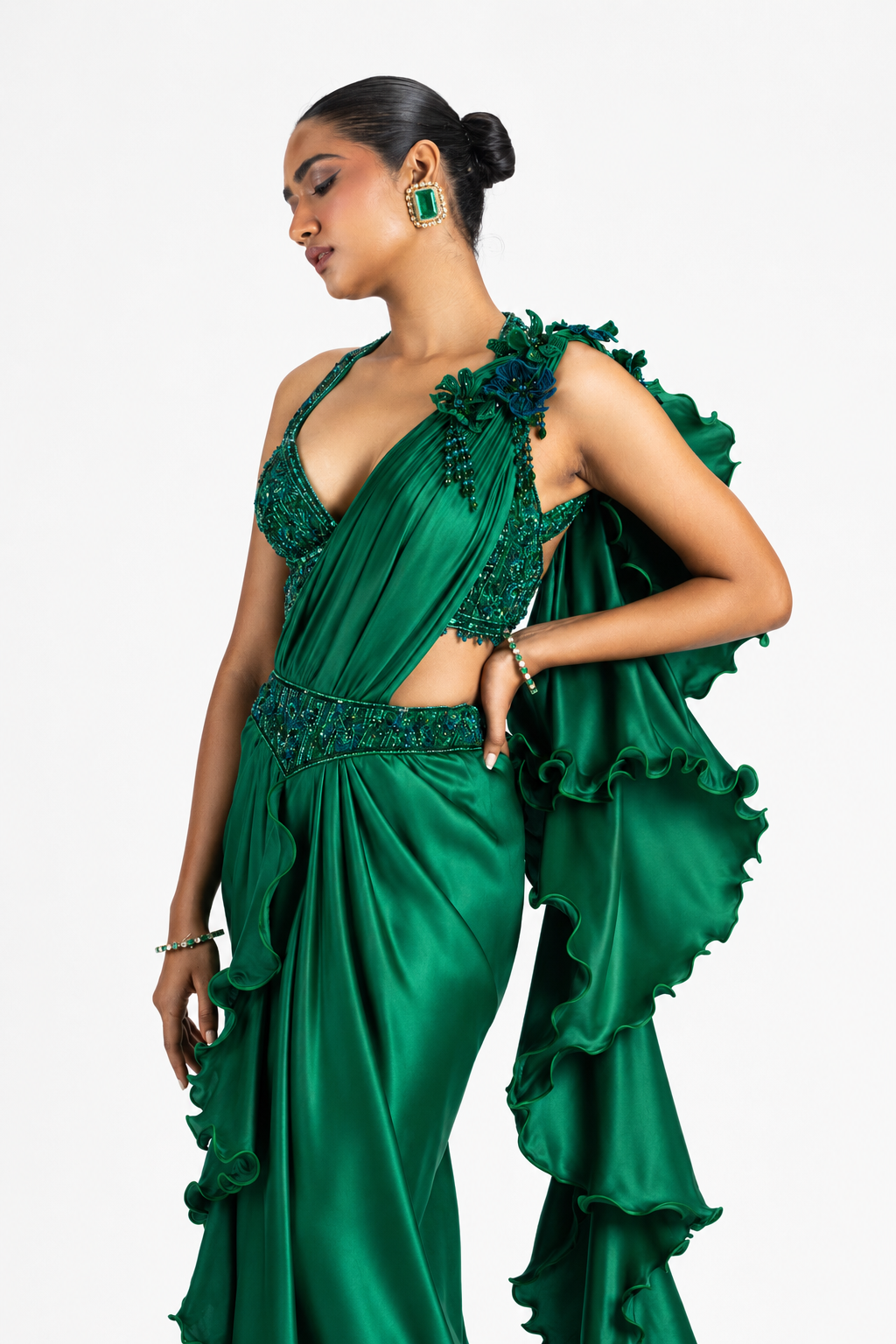 EMERALD GREEN SATIN SAREE