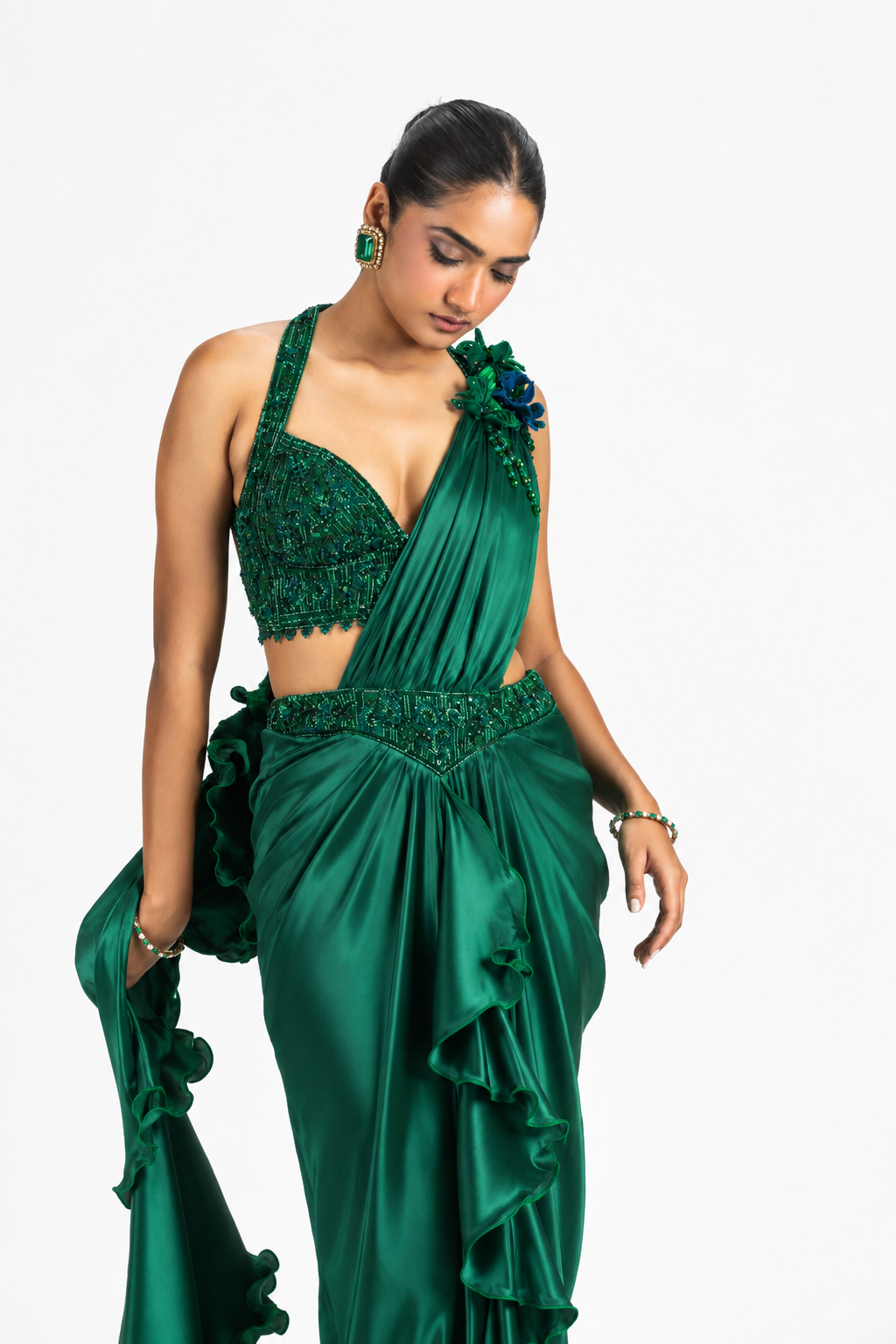 EMERALD GREEN SATIN SAREE