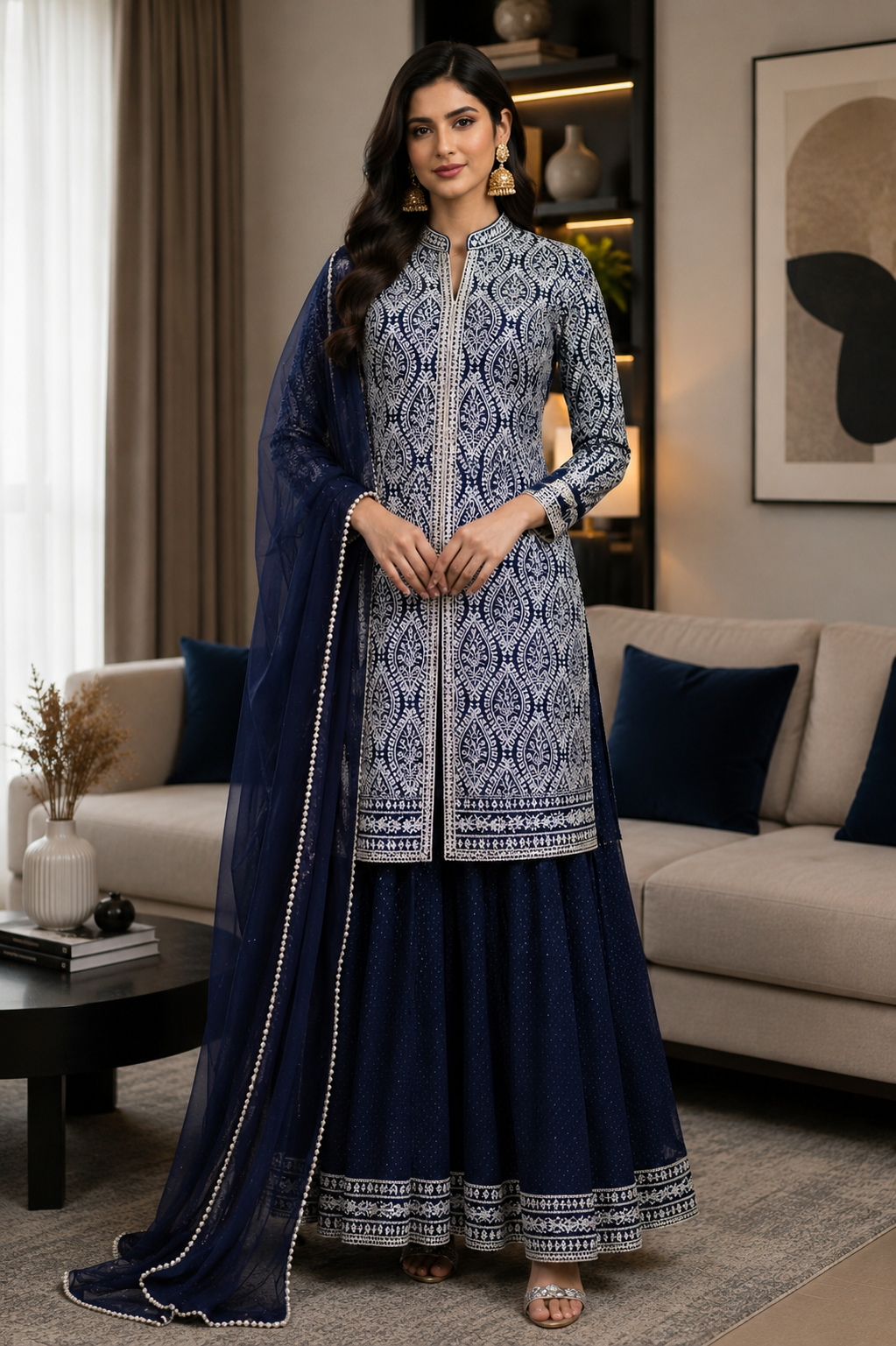 NAVY RAW SILK EMBROIDERED JACKET SHARARA SET