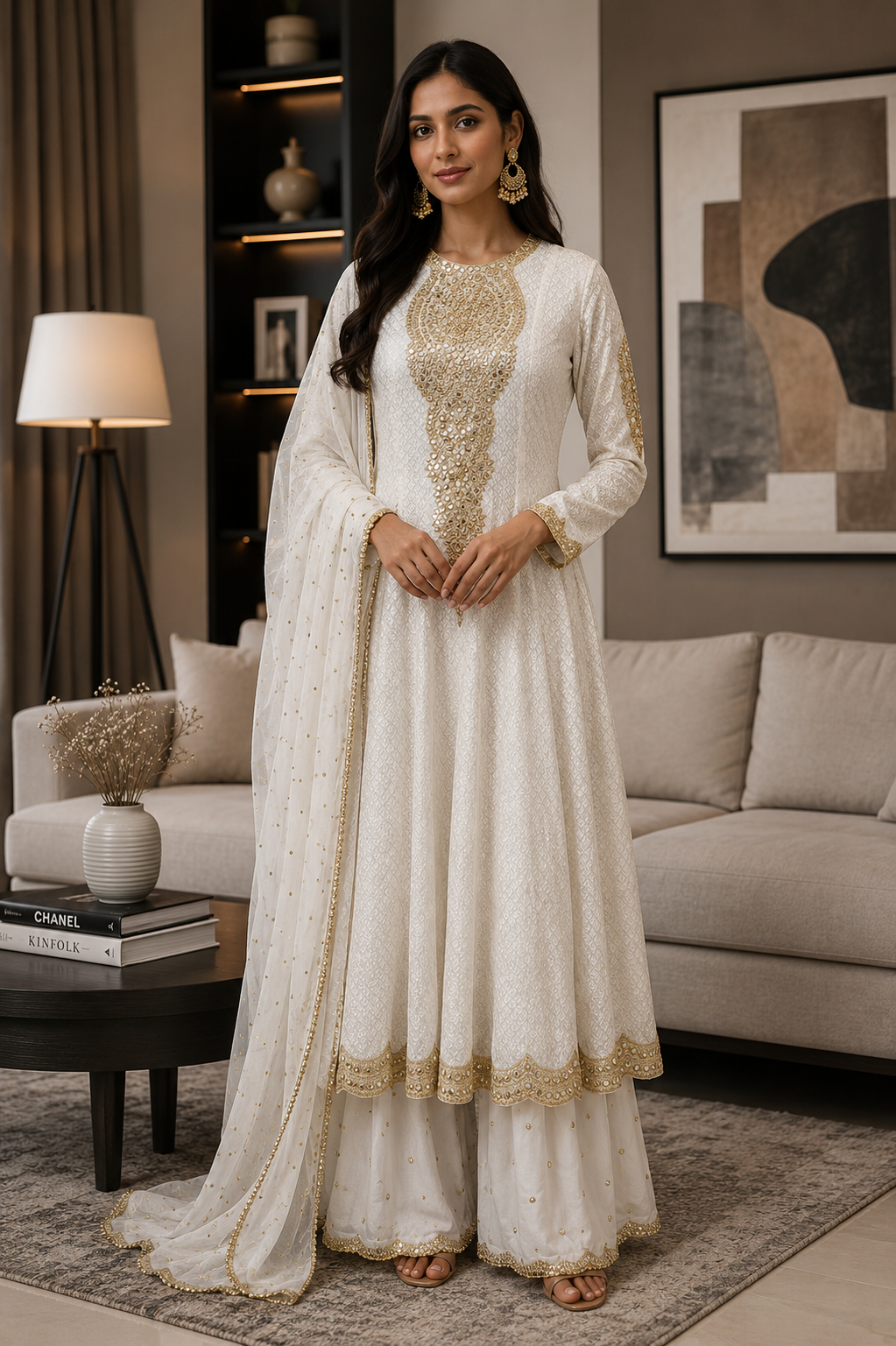 IVORY GOLD MIRROR WORK EMBROIDERED KALIDAR SET